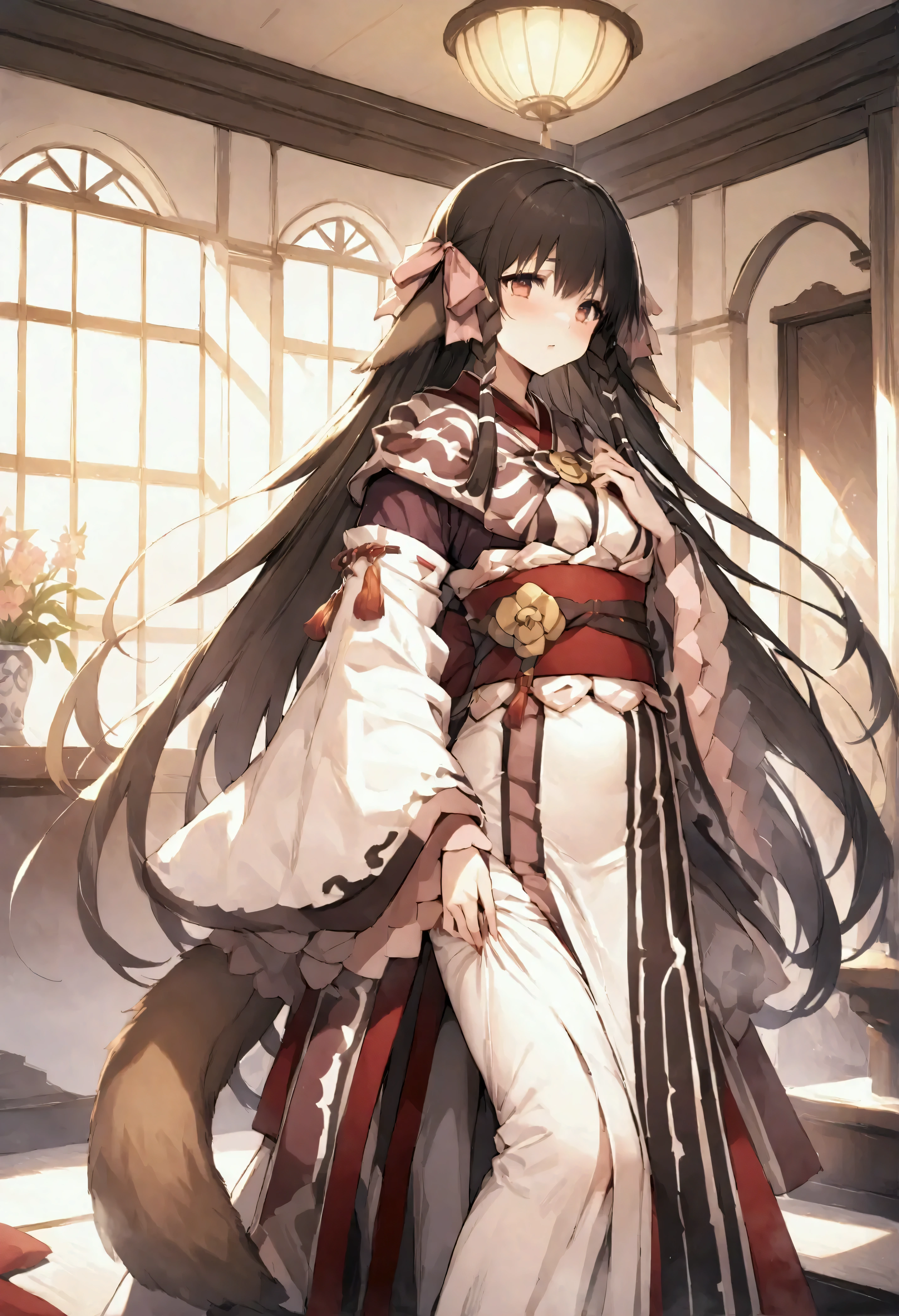 NSFW,masterpiece,Best Quality,High resolution,Very detailed,Lulutier\(Utawarerumono\),Long Hair,Twin Blade,Hair Ribbon,Animal ears,Tail,kimono,kimono,白いkimono,Long sleeve,Luxurious mansion