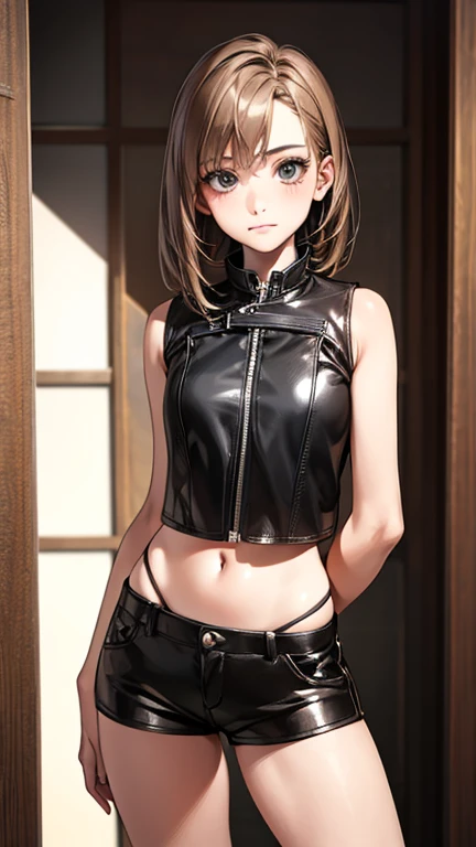 (SFW:2), photorealistic, realistic photo, ((highest quality)), ((masterpiece)), (extremely detailed), kukolnydom, doll, (mature woman, 22yo, 22 years old:1.6), solo, ((cowboy shot, dynamic pose)), (skinny, slender, slim, light smile, parted lips), green eyes, brown hair, (looking at another, gradient eyes, shining eyes, detailed eyes, detailed face, tank top, hot pants, choker:1.3), room, 8k