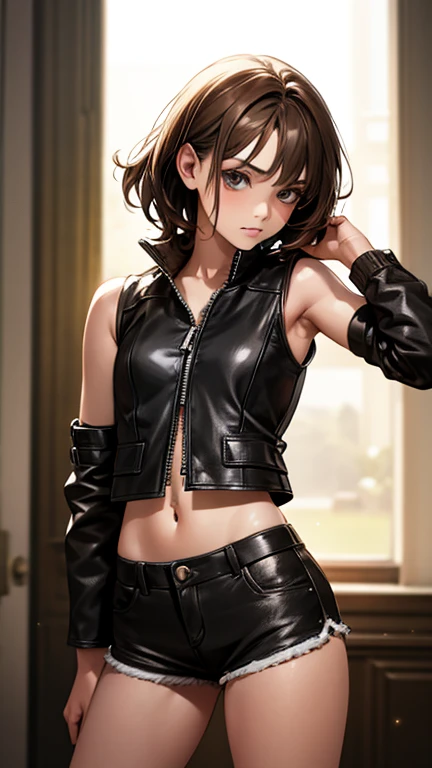 (cowboy shot), (Perfect Anatomy, top-quality、The ultra -The high-definition、high resolution、extremely details CG、8K Unit Wallpapers), mature 20-year-old, solo, Beautiful detailed eyes, black hair, short bob hair, blunt bang, (small breasts, slender body, athletic), gleaming skin, oily skin,( punk fashion, leather jacket, tank top、micro shorts), (drive a motorcycle,Harley-Davidson), on road at night, Starry Sky with Mountains and Lake, Jessica Rossier, Inspired by Jessica Rossier, Jessica Rossier Fantasy Art, Concept Art Magic Highlights, Official Artwork, Dream Painting, Ethereal Realm, Atmospheric artwork, dreamy matte paintings, serene endless stars inspired by Ted Nasmith, moonlit starry environments, epic music album covers.