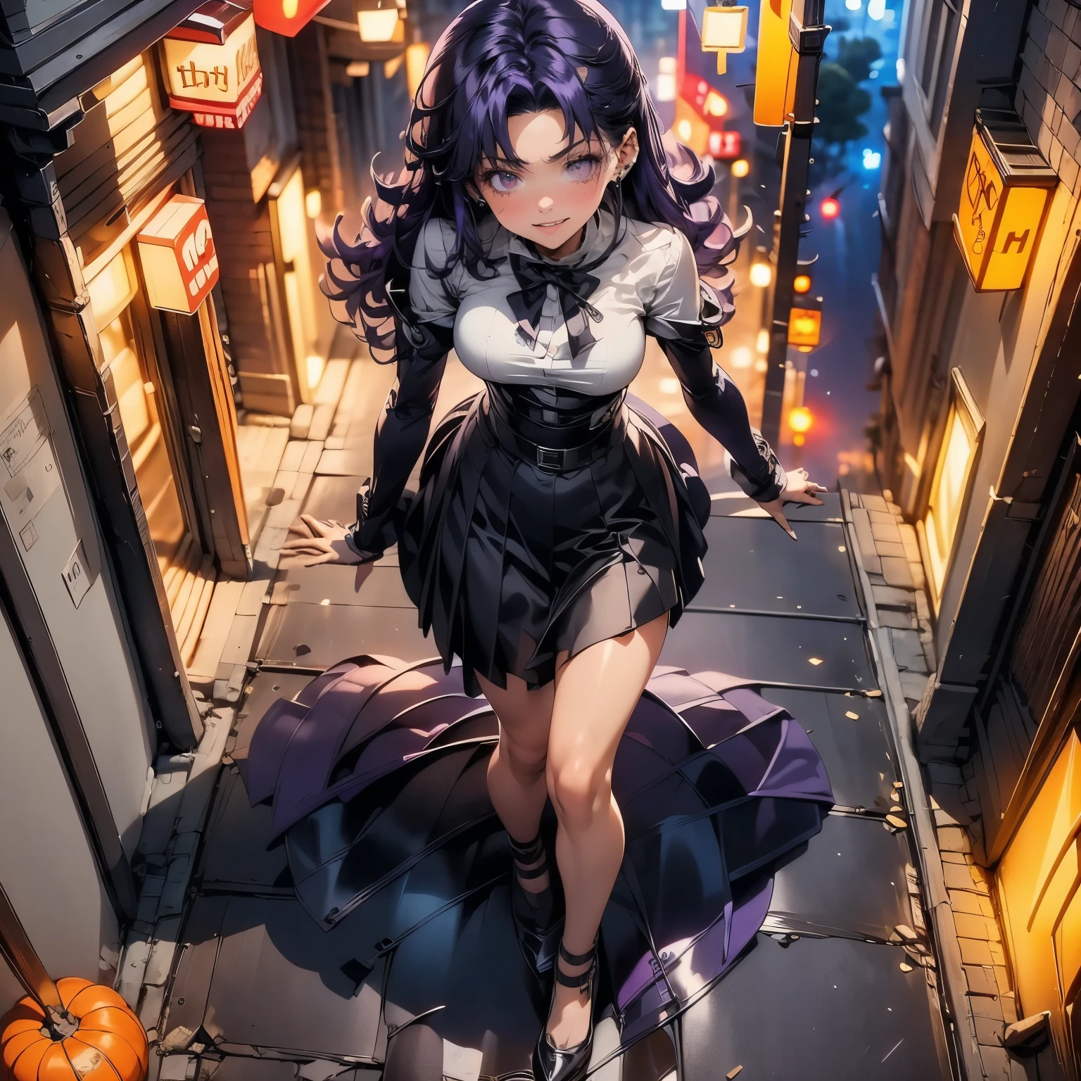 (masterpiece), best quality, 1girl, expressive eyes, perfect face, (purple hair), perfect anatomy, full body, 4k, HDR, full HD, masterpiece, 1 girl, (purple hair), perfect anatomy, full body , wears an outfit of the Terror character from the movie Child's Play, Halloween-type atmosphere, it's night,