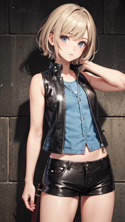 highest quality、masterpiece、pixie cut、very short hair、big breasts、silver hair、Purple eyes、Men、Rin々New、tall、solo、woman、Jacket、distressed jeans、