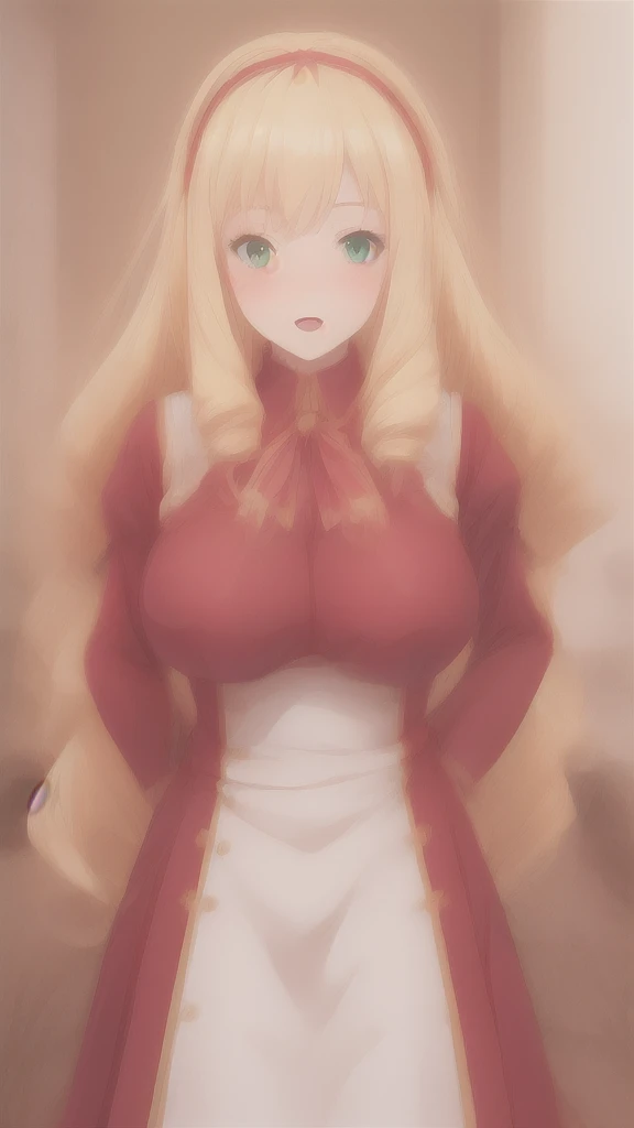 (masterpiece,best quality,8k,beautiful and aesthetic:1.2),
solid-best-physical-appearance-perfect::2,
cosplay,(HUGE BREASTS:1.1),wind,(floating hair:1.2),PERFECTEYES EYES,narrow_waist,slender,skinny,(dynamic_angle),(sexy posture),
SOLI,green_eyes,LIGHT BLONDE HAIR,hair_between_eyes,drill_hair,hairband,LONG HAIR,
full-face blush,blush,embarrassed,smile,open mouth,
red_dress,long_sleeves,frills,
indoors,bed,
