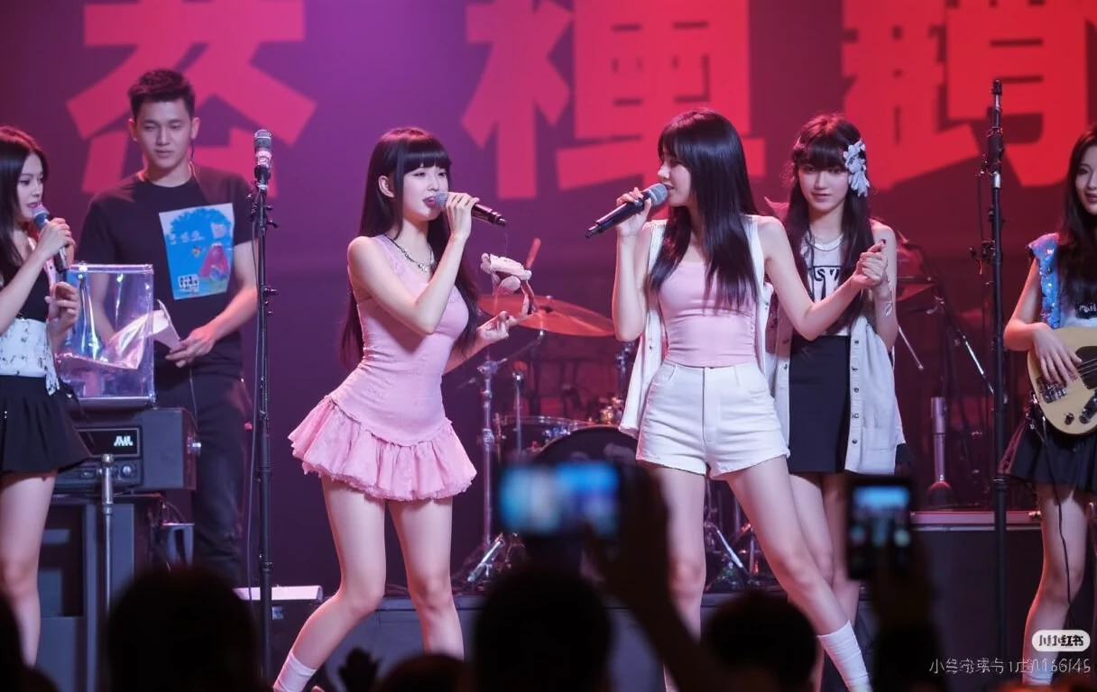 Create a scene of a cute 20-year-old Japanese female idol singer performing on stage.。She has long black hair in a ponytail、Smiling。Wearing colorful and cute idol costumes、They are singing and dancing happily。Colorful stage lights in the background。She is Japan and、Overall it has a lovely atmosphere.