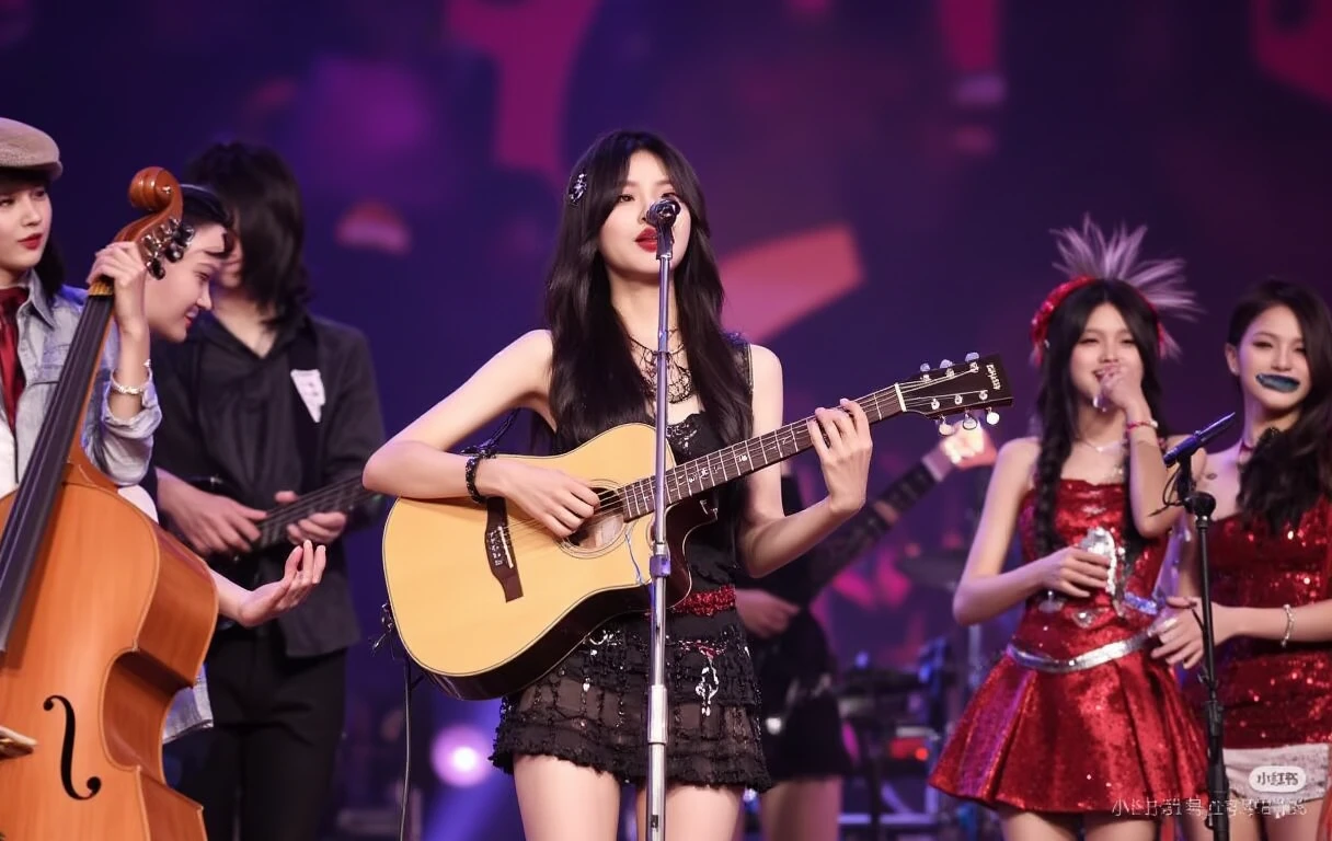 (masterpiece, Highest quality)、live house、Cute girl vocalist、Dark Eyes、Gorgeous lighting、Tight mini skirt、Black Hair、Japanese women、Stand microphone、