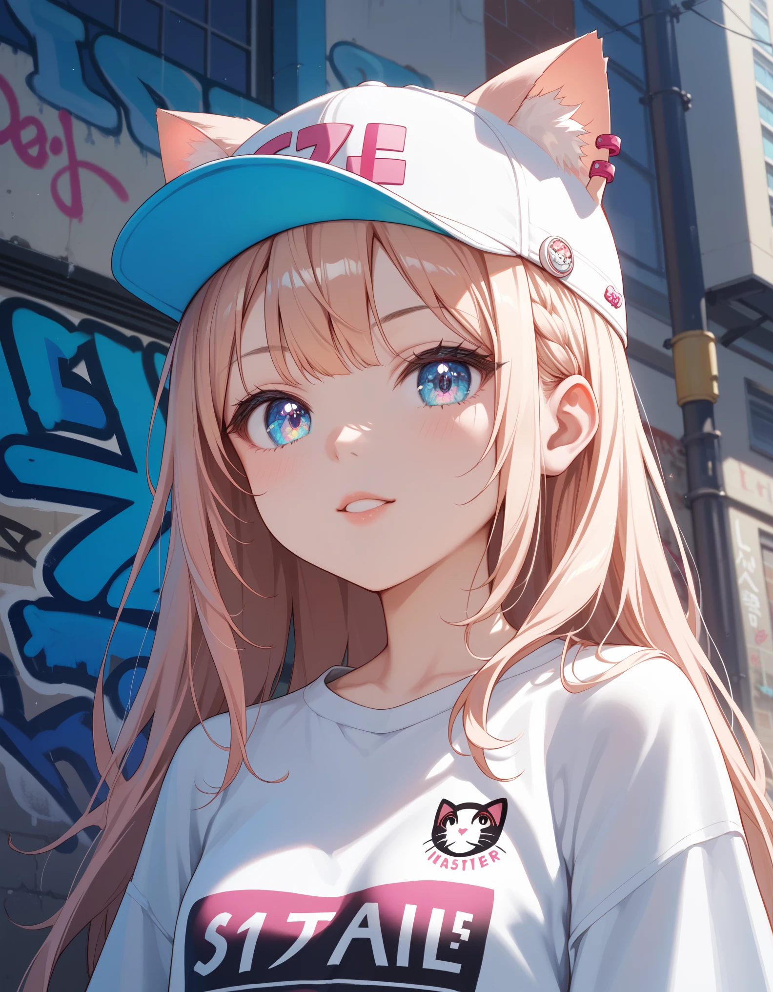 score_9,score_8_up,score_7_up, source_anime,masterpiece,best quality,ultra detailed eyes,high-detailed,(close-up),
1girl,cute_face,thin,petite,Girlish body type,poor_stature,small_breasts,
youthful designs,fashionable,streetwear style,urban clothing,casual accessories,edgy designs,intricate clothes,fashion cat ear cap,oversized clothes,graphic prints,
street graffiti,