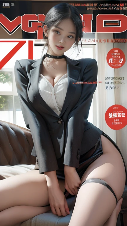 (Magazine Cover:1.5), Alone,girl,gray hair,big breasts,smile,blazer,checked skirt,tights,high heels,twin tails,open your legs,thin legs,earrings,choker,looking at the viewer