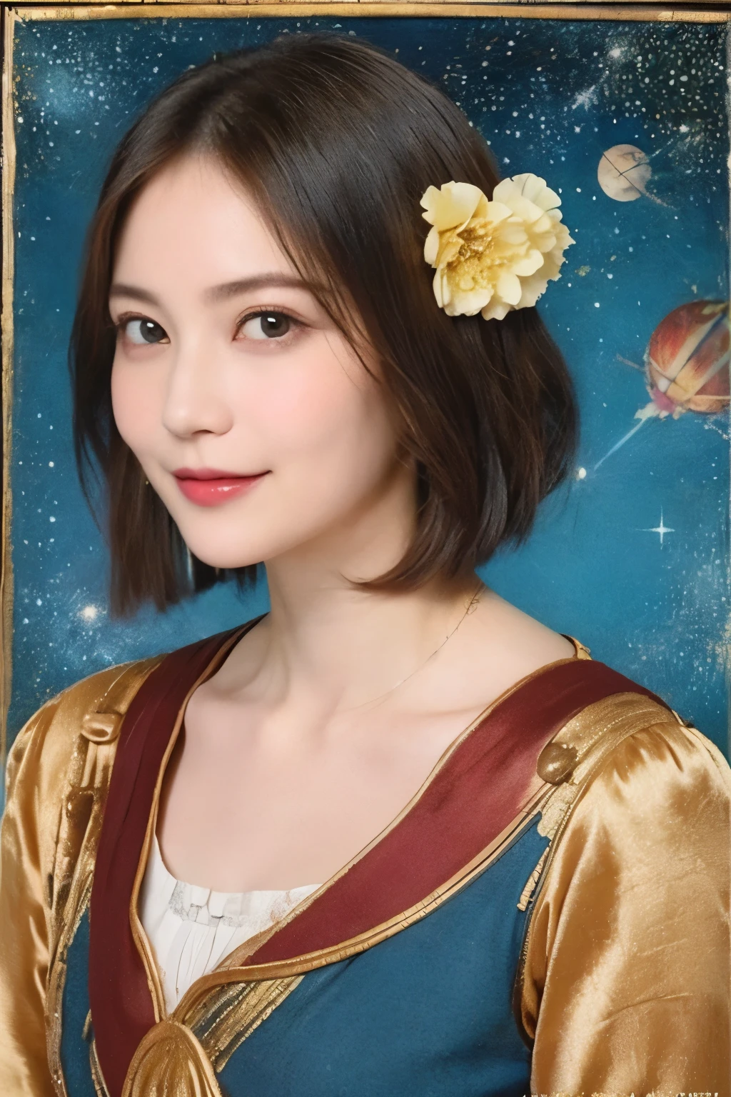 293 (20-year-old woman,short hair), (A kind smile), ((宇宙海賊captain,captain)), (colorful), (Leonardo da Vinci paintings), flower, Futuristic space pirate ship, nebula