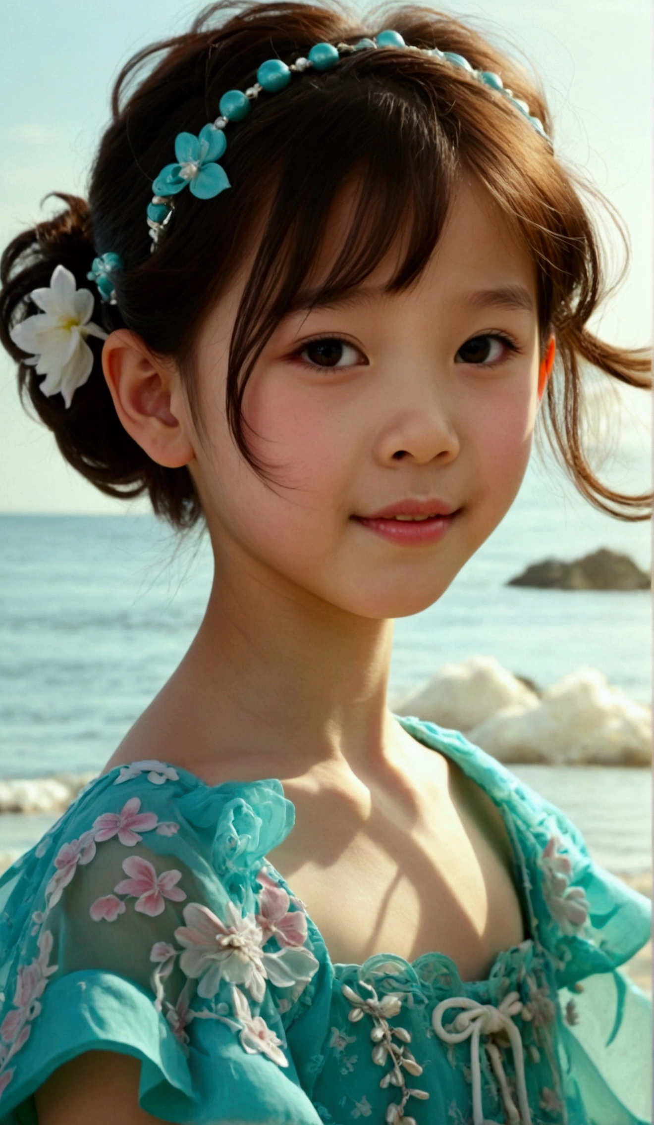 Prettiest asian ((preteen)) girl, the cutest ((pre teen)) girl, ((preteen)) sweet girl on the beach, age 9, pale skin, juveniles ((pre teen)) physique, ((preteen)) charming adolescents girl, show off her uniqueness