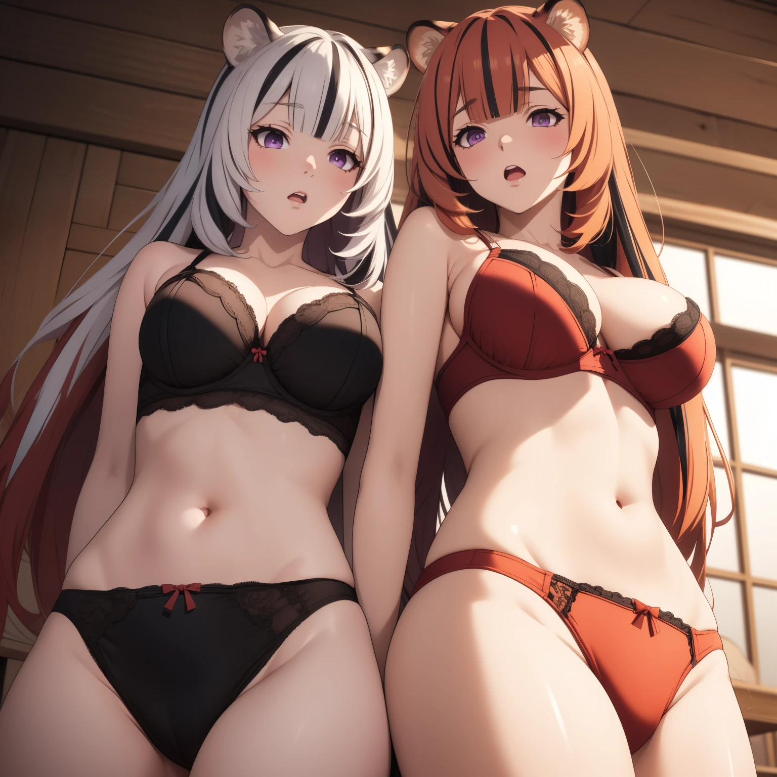 Raphtalia, orange hair with black streaks, tiger woman, Violet eyes, big breasts, tiger ears, This is very surprised, pecho muy grandes, , black and red bra and panties,