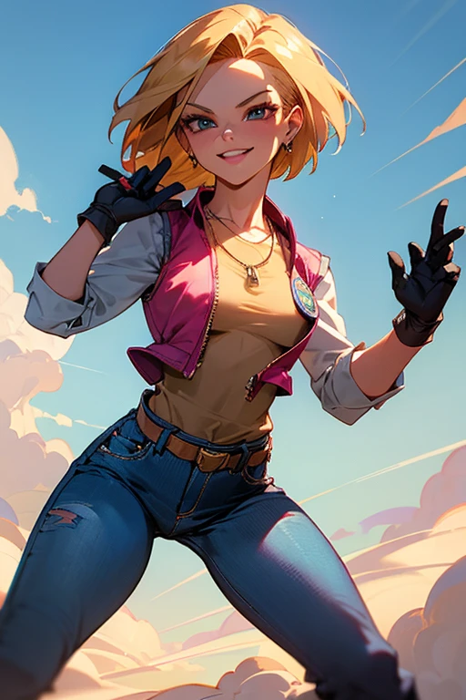 {best quality}, {very aesthetic}, Beautiful Android18DB portrait,side facing viewer,Beautiful Android18DB portrait,Solo,Earrings,Jewelry,Denim,Smiling,Belt,Vest,Clouds,Sky,Daytime,Pants,Outdoor,Gloves,Necklace,Jeans,ig breast ,dutch angle
,fighting pose,(dynamic:1.2)