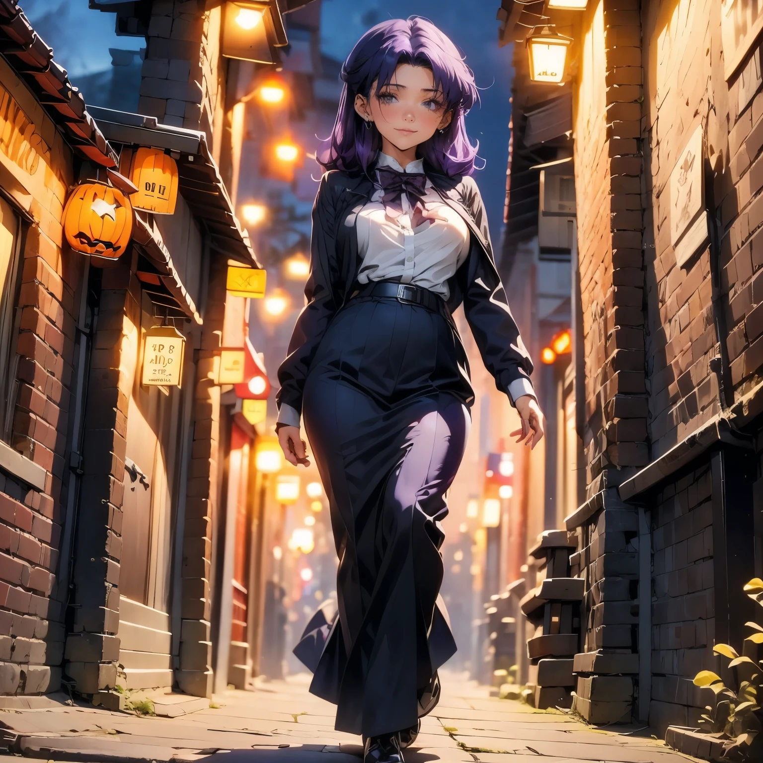 (masterpiece), best quality, 1girl, expressive eyes, perfect face, (purple hair), perfect anatomy, full body, 4k, HDR, full HD, masterpiece, 1 girl, (purple hair), perfect anatomy, full body, solo, she is wearing a cosplay of some horror character, she is going to a night party alluding to Halloween, she is walking through a garden decorated for Halloween,