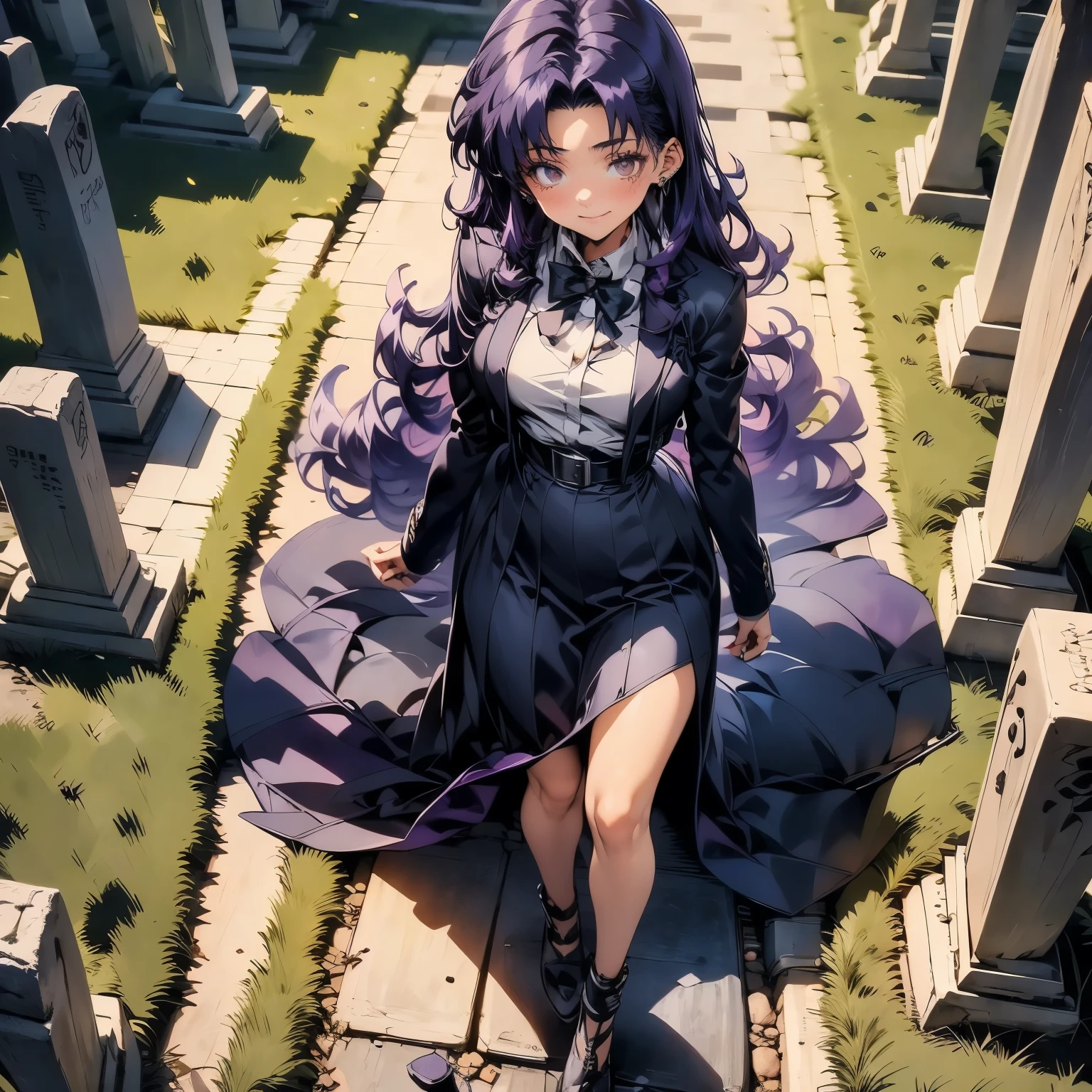 (masterpiece), best quality, 1girl, expressive eyes, perfect face, (purple hair), perfect anatomy, full body, 4k, HDR, full HD, masterpiece, 1 girl, (purple hair), perfect anatomy, full body , alone, she wears elegant wake clothes, she is walking among some graves in a cemetery, her hair is illuminated by the light of the full moon,