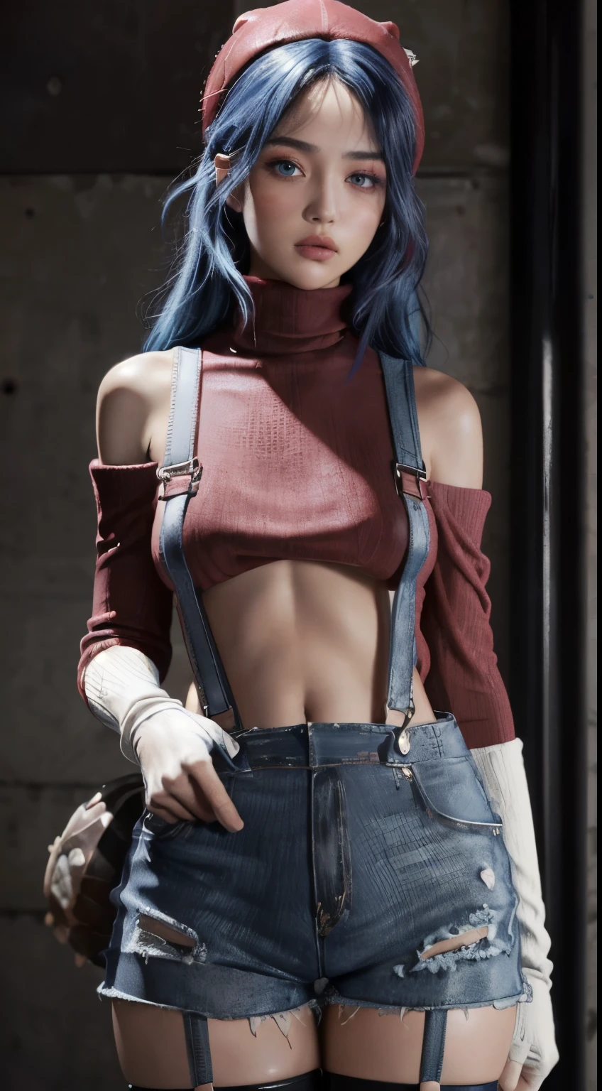(masterpiece, best quality), 1girl, long hair, blue hair, white T-shirt, black vest, pink skirt, red scarf, tattoos, pink riding boots, stockings,