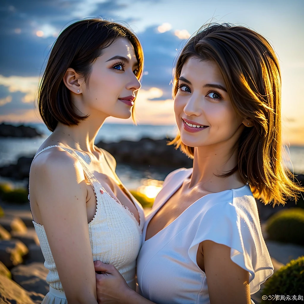 8k,Brown short hair,Japanese actress,Super Beauty(Like the real thing),Wine Party、wine glass、full-course dinner,Neat and clean dresses,Cocktail Dresses、Big smile,Amazing view of the sunset sky and clouds、,Perfect Anatomy,charm,Volume measurement,Body balance,Digital single-lens reflex camera, Soft lighting, Detailed Background, Written boundary depth, Volumetric lighting, Sharp focus, Absurd, Realistic proportions, Excellent anatomy, (Realistic, 超Realistic:1.4), 16k hdr, dawn,High resolution,super Realistic 肌,super beautiful expression,Fantasy art,Character Art,Wind effects:1.9、Cloud Effect:1.2、Full Rendering、プロ品質のHigh resolution、Perfect contrast、Perfect lighting、Perfect composition、Perfect Skin、Perfect Fingers、Perfect breasts、Perfect Hair、Perfect Face、Realistic facial features,Highest quality,Slim figure,Perfect body line,Perfect hand shape,Anatomical Body Balance,Highly detailed face,Highly detailed eyes,Beautiful Lips,Excellent light particles,Cinema Lighting,compensate,超High resolution,Ultra-Realistic Skin,Dynamic pose,blue eyes,