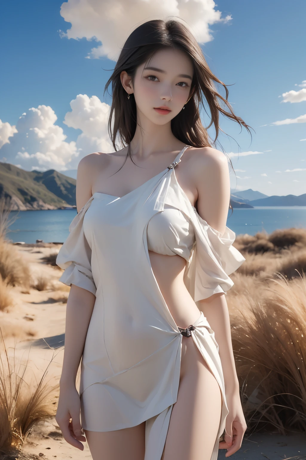 greek clothes,peplos,, ((cowboy shot)), ((Bare shoulder)), ((Short hemlines, sexy long legs)), realistic detailed photo of a giant breasted girl with exposed shoulders, detailed fingers, high quality skin, alone in a autumn scene with clouds, wind, and flowing hair, (best quality,4k,8k,highres,masterpiece:1.2),ultra-detailed,(realistic,photorealistic,photo-realistic:1.37),studio lighting,vivid colors