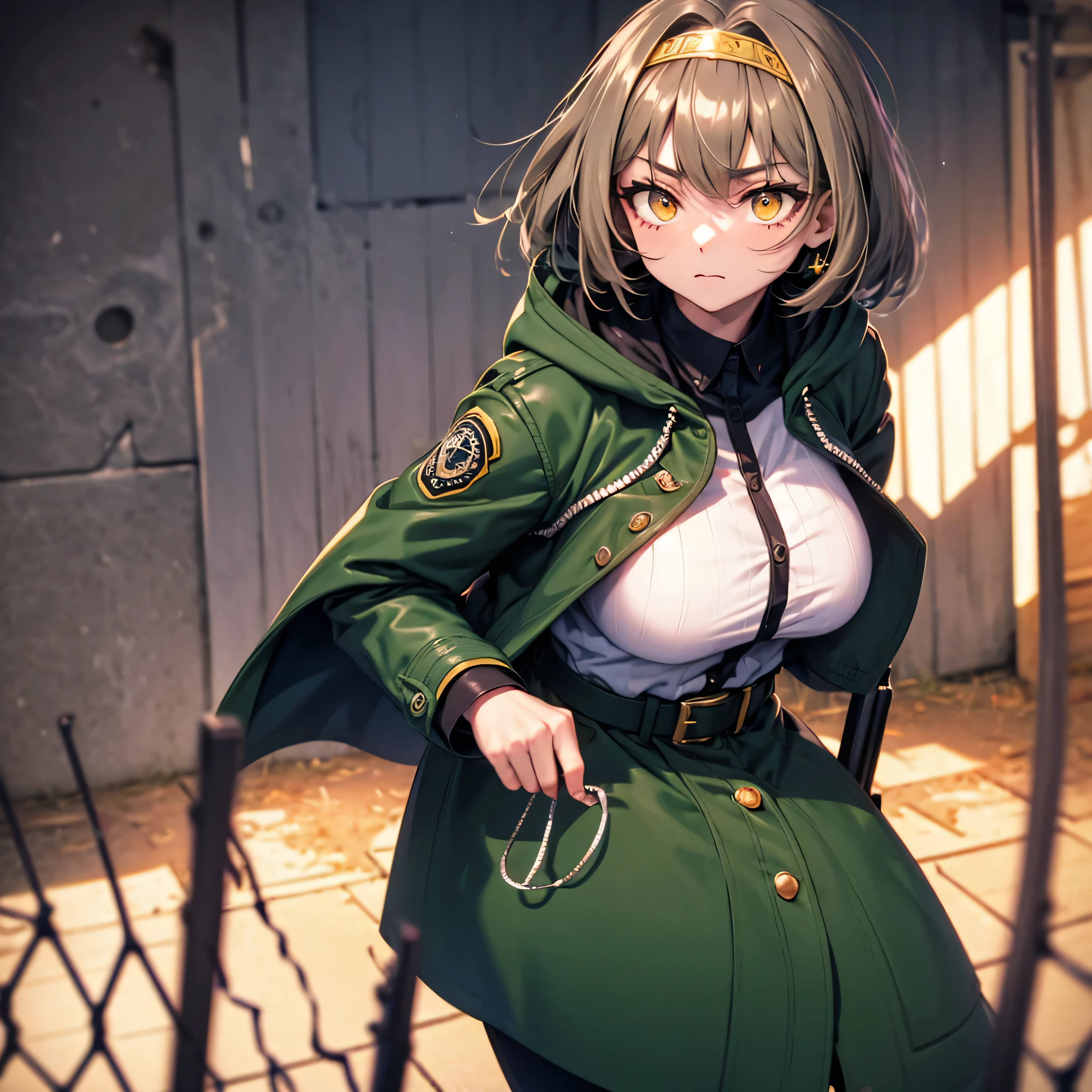 landscape, military, dug-in, funk hole., entrenchment, trench, (barbed-wired fencing:1.2), BREAK. 1 skinny girl standing, light brown short hair, swaying back, BREAK, (dark green long coat with hood:1.2), (hood pulled over her head:1.2), tight-fit khaki military uniform, carrying long rifle, BREAK, (glowing golden eyes), bouncing large breasts, bursting large breasts