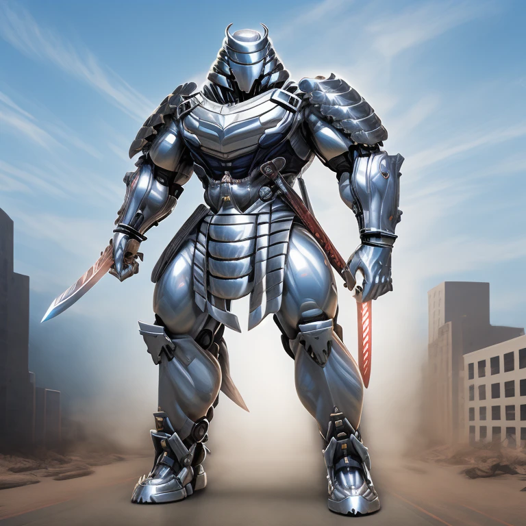 silver samurai.
- masterpiece. best quality. full body. 1boy.
- armor suit. (full armor. cyborg. science fiction. combat helmet) 
- dominating silver samurai. silver samurai is over 1000 meters long. focus GIANT mechanical Muscular silver samurai is trampling the city. Looking down. macro. stomp. Low-angle perspective. emphasizing the immense size.
- holding sword. holding katana.
- The Silver Samurai wears a very wide and long silver cloak.
- full body. No face. 
- The claws are sharp. 5 toes.
- full body, No face, 
- looking at viewer, 
- covered in full metal armor, armored samurai, armored samurai, 
- GTS, macro, giant. footstomp.
- A giant Silver Samurai is trampling on Wolverine. 
- macro, stomp, giant, freddy