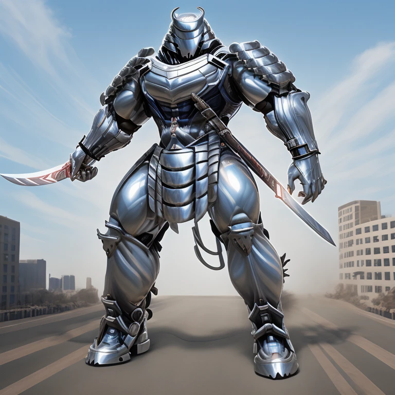 silver samurai.
- masterpiece. best quality. full body. 1boy.
- armor suit. (full armor. cyborg. science fiction. combat helmet) 
- dominating silver samurai. silver samurai is over 1000 meters long. focus GIANT mechanical Muscular silver samurai is trampling the city. Looking down. macro. stomp. Low-angle perspective. emphasizing the immense size.
- holding sword. holding katana.
- The Silver Samurai wears a very wide and long silver cloak.
- full body. No face. 
- The claws are sharp. 5 toes.
- full body, No face, 
- looking at viewer, 
- covered in full metal armor, armored samurai, armored samurai, 
- GTS, macro, giant. footstomp.
- A giant Silver Samurai is trampling on Wolverine. 
- macro, stomp, giant, freddy