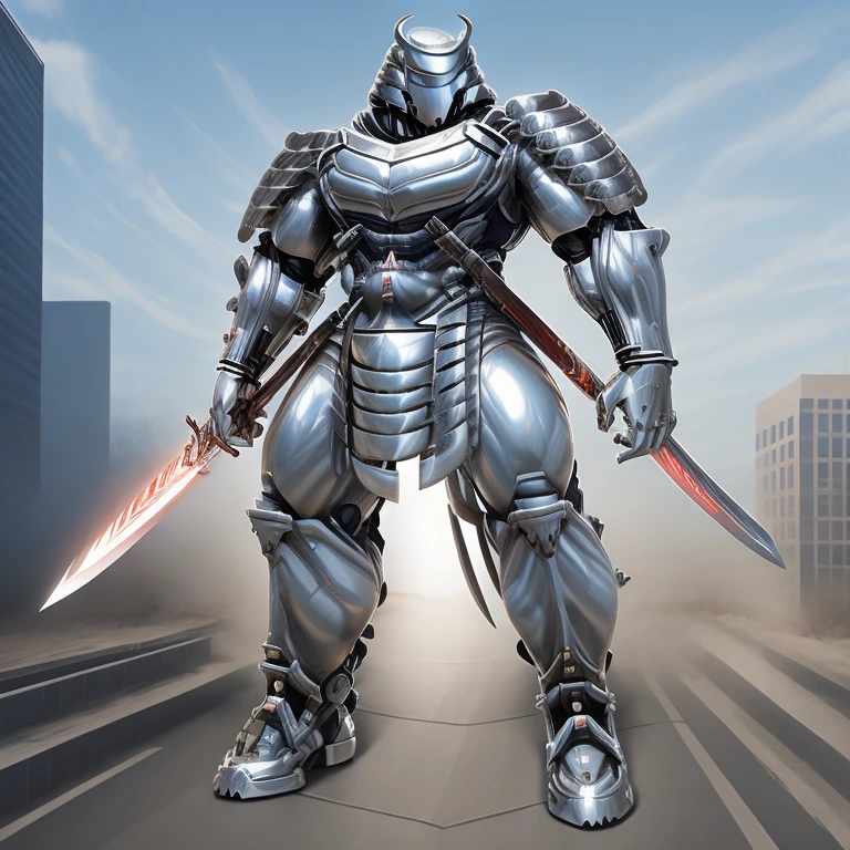 silver samurai.
- masterpiece. best quality. full body. 1boy.
- armor suit. (full armor. cyborg. science fiction. combat helmet) 
- dominating silver samurai. silver samurai is over 1000 meters long. focus GIANT mechanical Muscular silver samurai is trampling the city. Looking down. macro. stomp. Low-angle perspective. emphasizing the immense size.
- holding sword. holding katana.
- The Silver Samurai wears a very wide and long silver cloak.
- full body. No face. 
- The claws are sharp. 5 toes.
- full body, No face, 
- looking at viewer, 
- covered in full metal armor, armored samurai, armored samurai, 
- GTS, macro, giant. footstomp.
- A giant Silver Samurai is trampling on Wolverine. 
- macro, stomp, giant, freddy