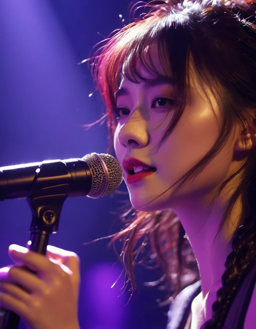 A close-up shot of the lead vocalist's finely detailed face and eyes, lit by a warm spotlight, as she belts out the lyrics to the packed audience. The electric guitarist beside her, with his instrument ablaze with colorful stage lighting. The bassist and drummer in the background, their faces set in focused concentration. Behind them, the keyboard player adds depth with swirling synths. A sea of enthusiastic fans stretches out before the stage, all eyes on the mesmerizing performance. Camera pans and zooms capture every dynamic moment, as the band's energy infects the crowd. Vibrant colors burst forth from the stage, photorealistic in its cinematic composition., shiny hair, face lighting, bright backlight, high resolution, best quality, Photos, 4k, (Realistic:1.2),1girl, smile, beautiful girl, (best quality,4k,8k,highres,masterpiece:1.2), ultra-detailed, studio lighting, ultra-fine painting, sharp focus, physically-based rendering, extreme detail description, professional, vivid colors, fantasy, More Reasonable Details, ulzzang, ImgFixerPre0.3