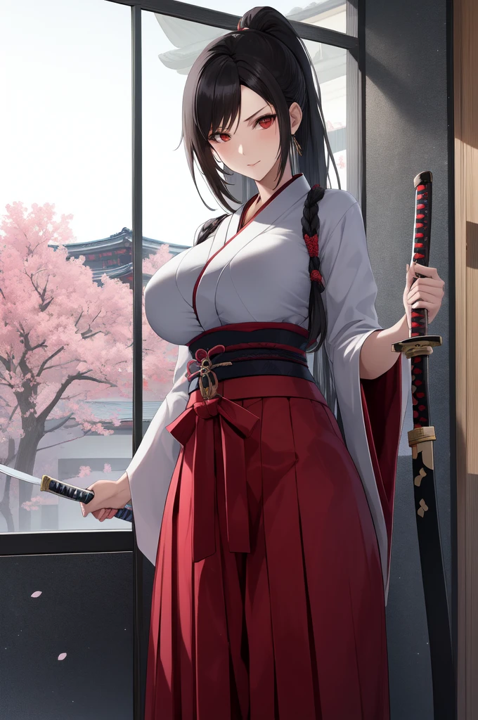 masterpiece, best quality, mature samurai woman in kimono holding samurai sword against a window in a Japanese style building, 1girl, solo, weapon, japanese clothes, katana, skirt, hakama, breast, ponytail hairstyle, hakama skirt, obi, looking at viewer,  TIFA LOCKHART, RED_EYES, BLACK HAIR, RED IRIS,