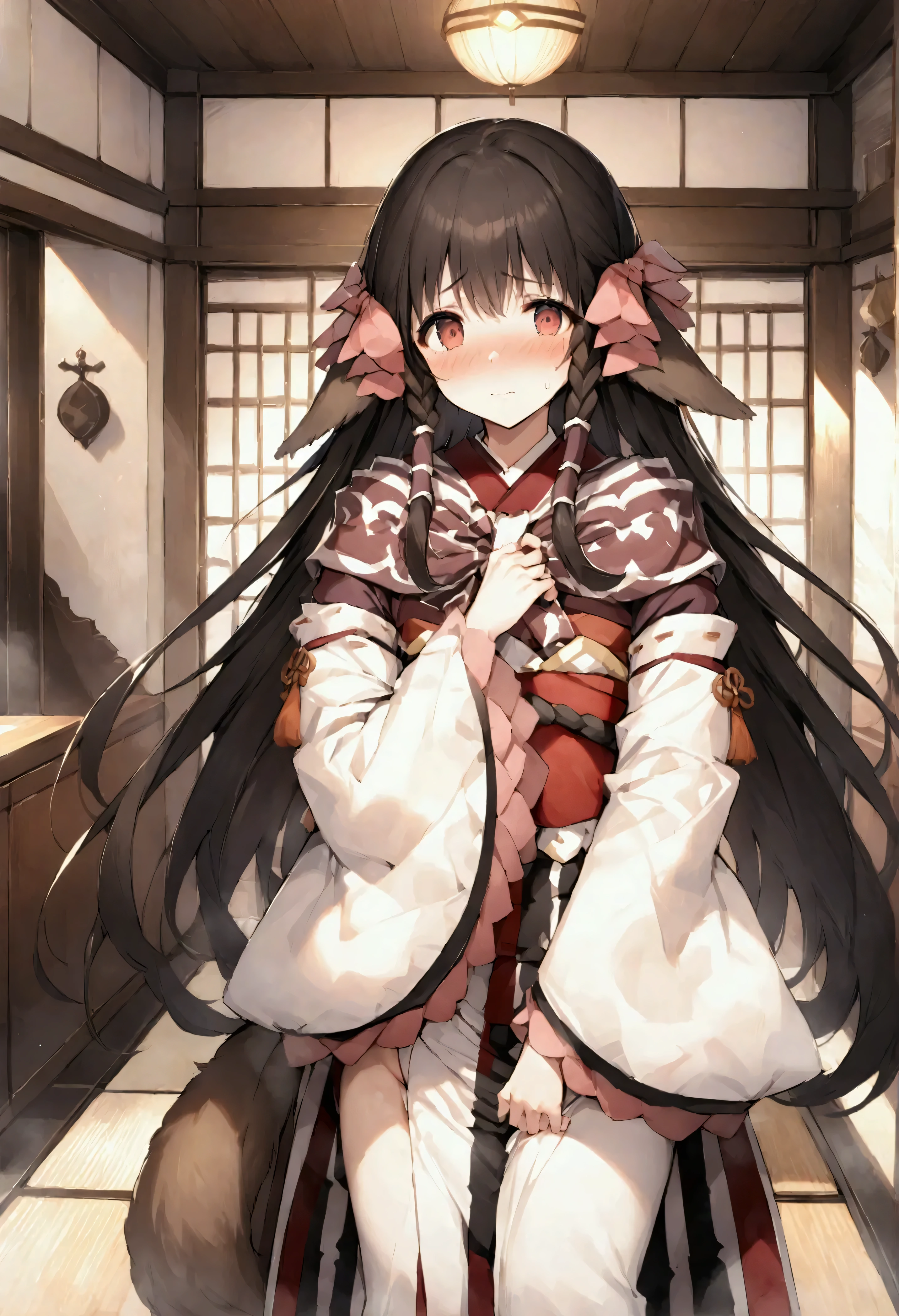 NSFW,masterpiece,Best Quality,High resolution,Very detailed,Lulutier\(Utawarerumono\),Long Hair,Twin Blade,Hair Ribbon,Animal ears,Tail,kimono,kimono,白いkimono,Long sleeve,Luxurious mansion,Japanese-style room,Embarrassed,blush