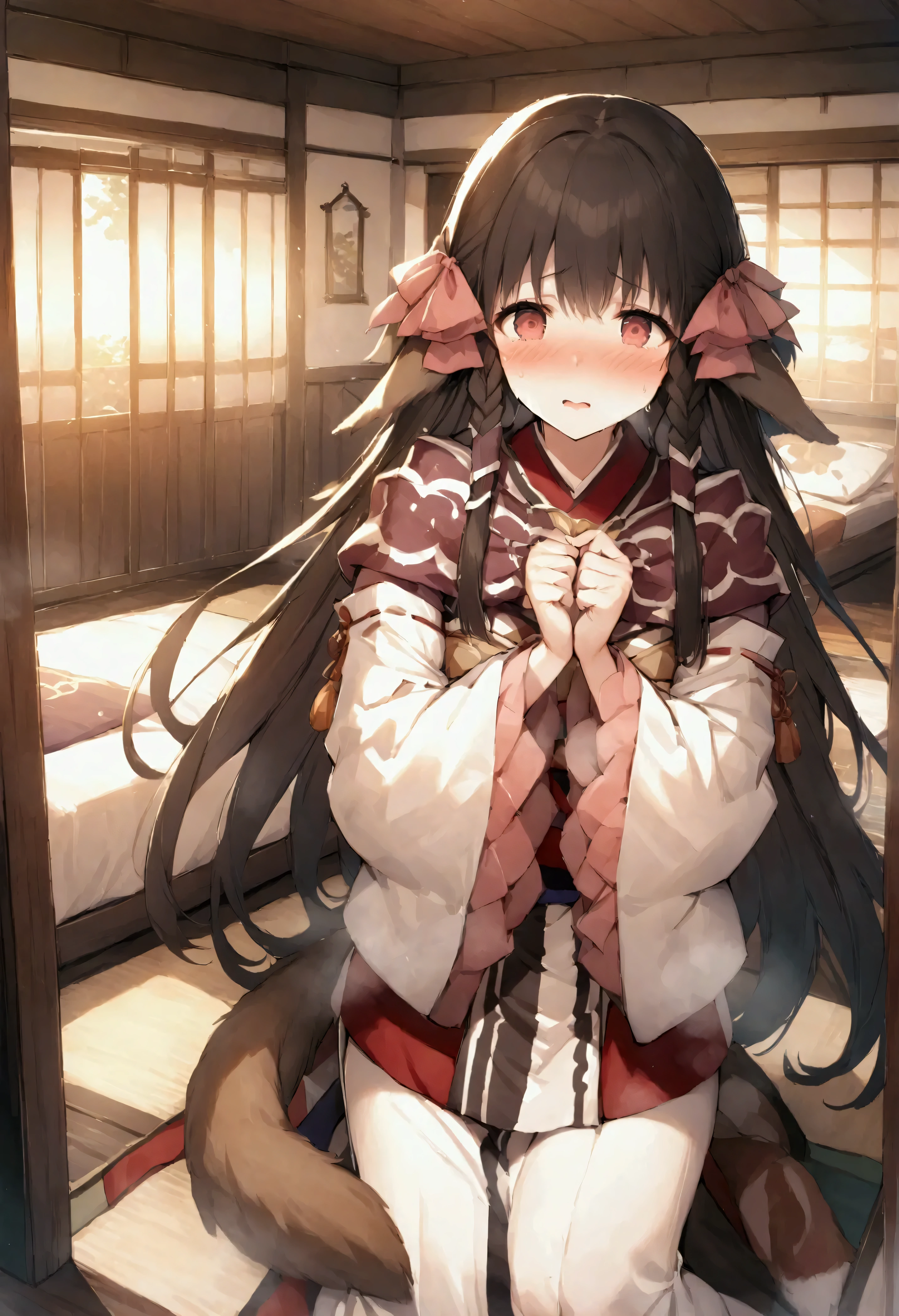 NSFW,masterpiece,Best Quality,High resolution,Very detailed,Lulutier\(Utawarerumono\),Long Hair,Twin Blade,Hair Ribbon,Animal ears,Tail,kimono,kimono,白いkimono,Long sleeve,Luxurious mansion,Japanese-style room,Embarrassed,blush