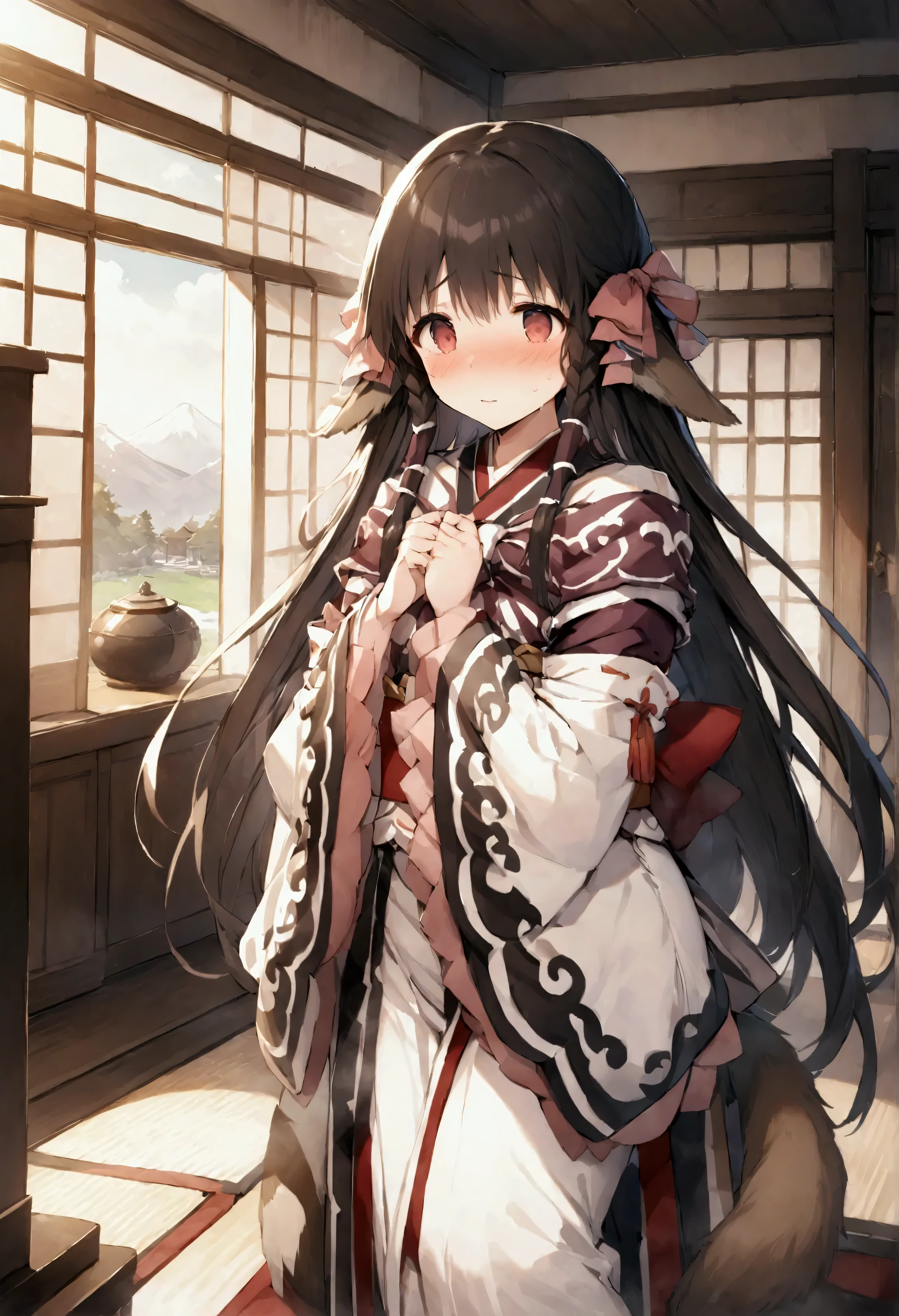 NSFW,masterpiece,Best Quality,High resolution,Very detailed,Lulutier\(Utawarerumono\),Long Hair,Twin Blade,Hair Ribbon,Animal ears,Tail,kimono,kimono,白いkimono,Long sleeve,Luxurious mansion,Japanese-style room,Embarrassed,blush