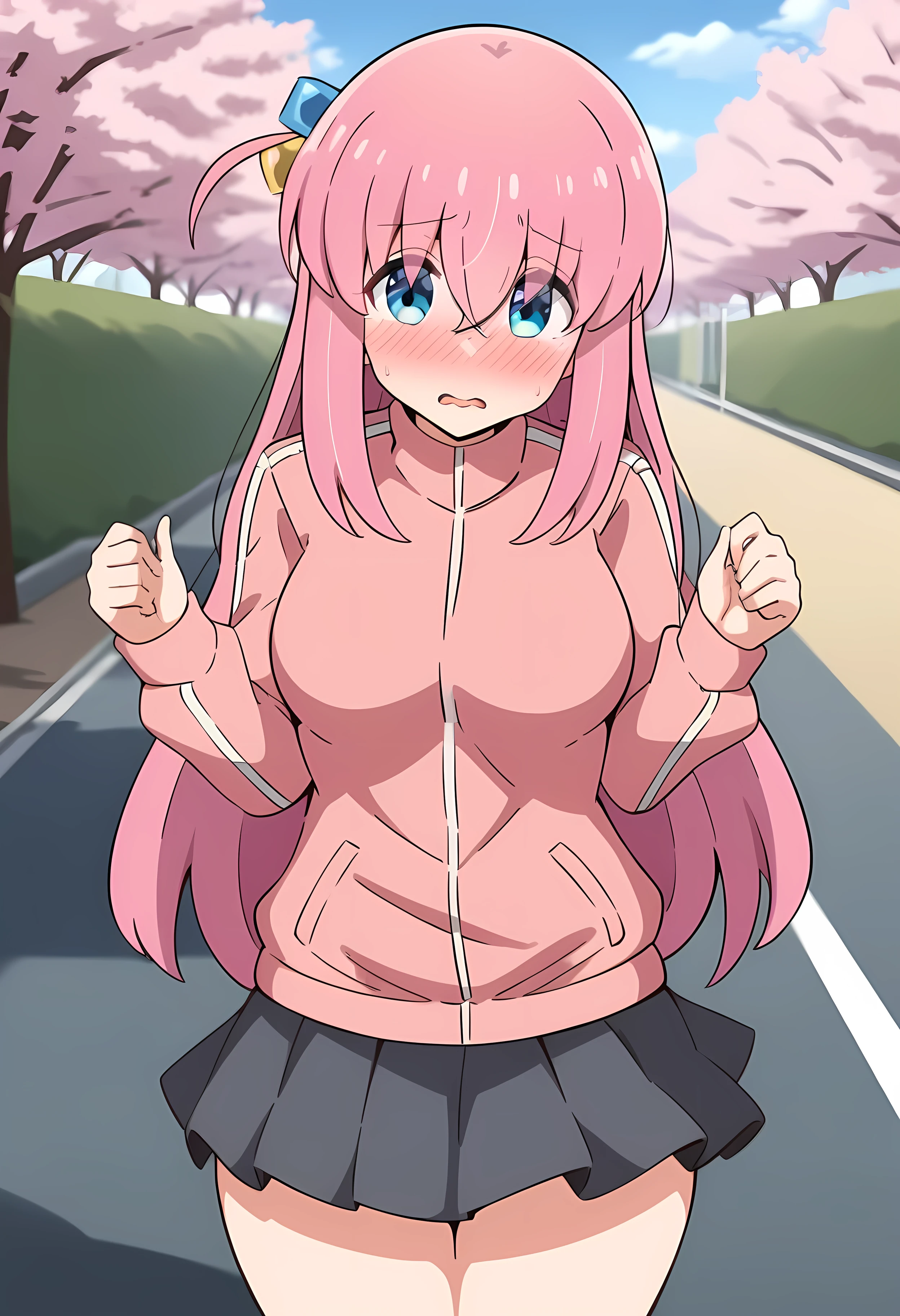 GotouHitori, long hair ,pink hair, big breasts, solo ,nipple, 16years old, Speed walking, Expressway, naked, , , Peeing, lactation, projectile lactation (Sweating profusely, Love juice, Wet Woman, female ejaculation)