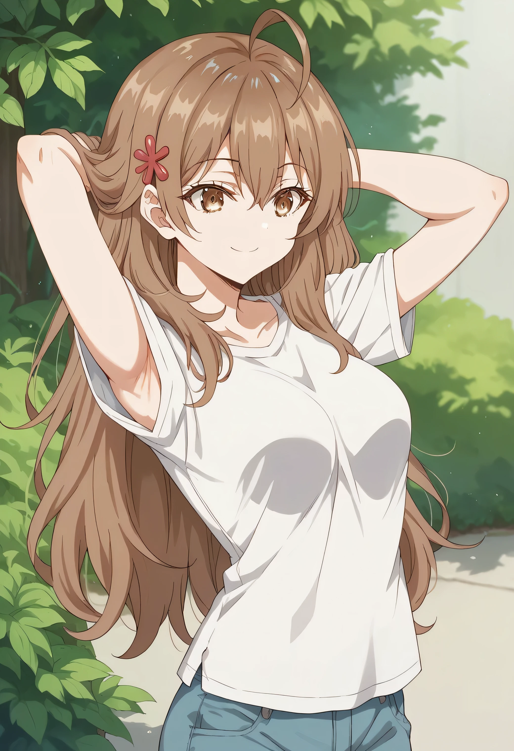 Score_9, Score_8_up, Score_7_up, source_anime, solo, mariamikhailovnakujou,mariamikhailovnakujou, long hair, bangs, brown hair, hair ornament, hair between the eyes, brown eyes, long hair, Ahoge, outdoors, medium breast, t shirt, Black Levis , smile, Thigh, Armpit, hands to head 