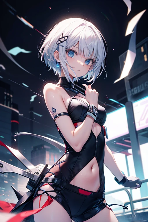 lucy \(cyberpunk\), 1girl, bangss, bare shoulders, a belt, black belt, Black leotard, black trousers, bblurry, short hair, medium breasts, Clothing clippings, (black belt)、Cropped jacket、Cyberpunk、Black pants、bblurry、depth of fields、Gradient eyes、grey eyes、white hair、Pink eyeshadows、jaket、leotard、s lips、machine components、middlebreast, multicolored eyes, Light blue multicolored hair, Away from the shoulder, Open clothes, Open jacket, shortpants, Parting lips, Pink eyeliner, SF, short hair with long locks, shortpants, shortpants, Half-Long Silk Socks、side locks、独奏、Thigh cutout、White jacket、White shorts、cyberpunked \(series\)、Cyberpunk Edgerunner (ulzzang-6500:0.3