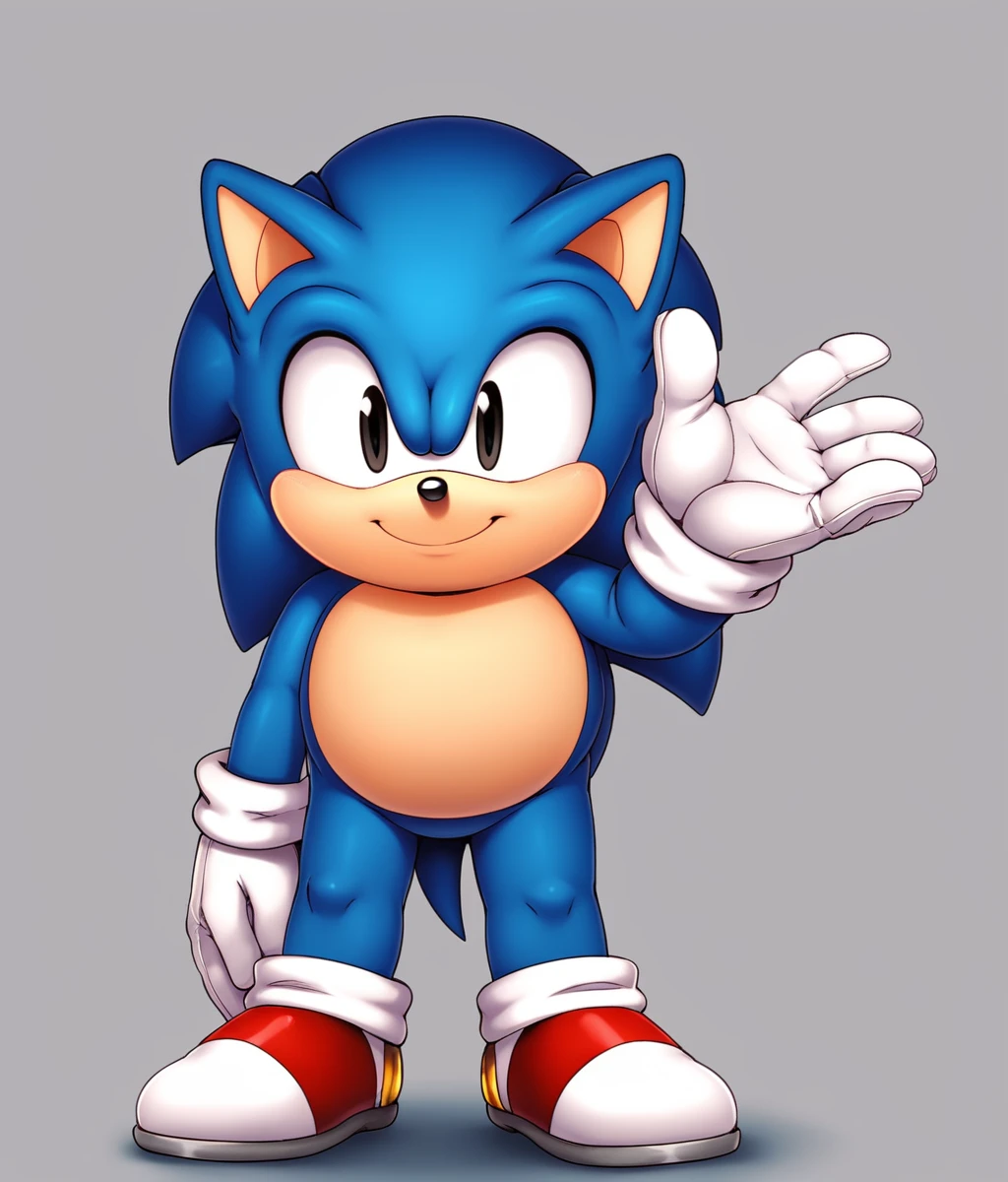 Obese sonic_the_hedgehog, blue skin, classic sonic, solo, black eyes, looking at viewer, smile, 1boy, cute, standing, full body, white gloves, big checks, cute ,furry male, small height