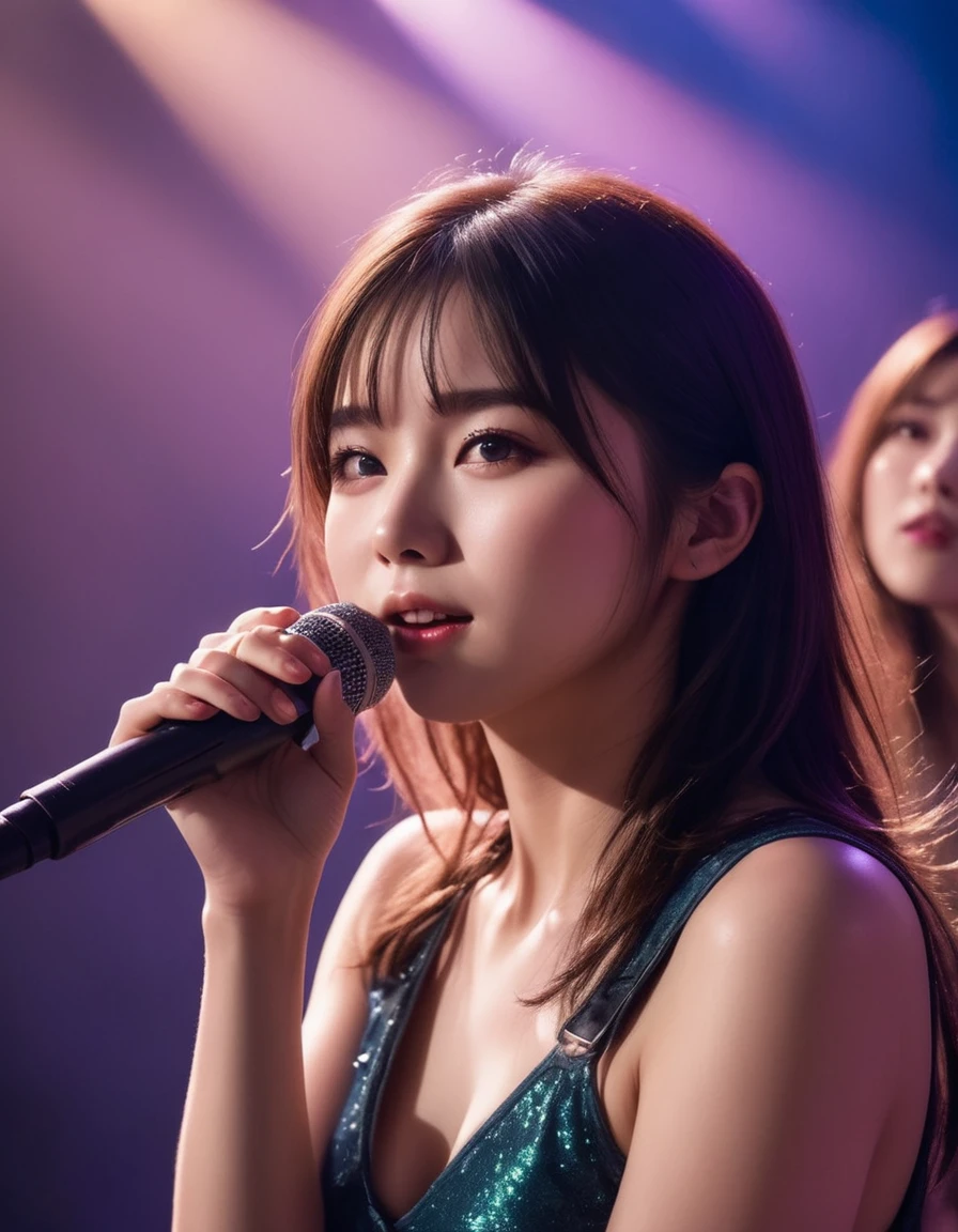 A close-up shot of the lead vocalist's finely detailed face and eyes, lit by a warm spotlight, as she belts out the lyrics to the packed audience. The electric guitarist beside her, with his instrument ablaze with colorful stage lighting. The bassist and drummer in the background, their faces set in focused concentration. Behind them, the keyboard player adds depth with swirling synths. A sea of enthusiastic fans stretches out before the stage, all eyes on the mesmerizing performance. Camera pans and zooms capture every dynamic moment, as the band's energy infects the crowd. Vibrant colors burst forth from the stage, photorealistic in its cinematic composition., shiny hair, face lighting, bright backlight, high resolution, best quality, Photos, 4k, (Realistic:1.2),1girl, smile, beautiful girl, (best quality,4k,8k,highres,masterpiece:1.2), ultra-detailed, studio lighting, ultra-fine painting, sharp focus, physically-based rendering, extreme detail description, professional, vivid colors, fantasy, More Reasonable Details, ulzzang, ImgFixerPre0.3