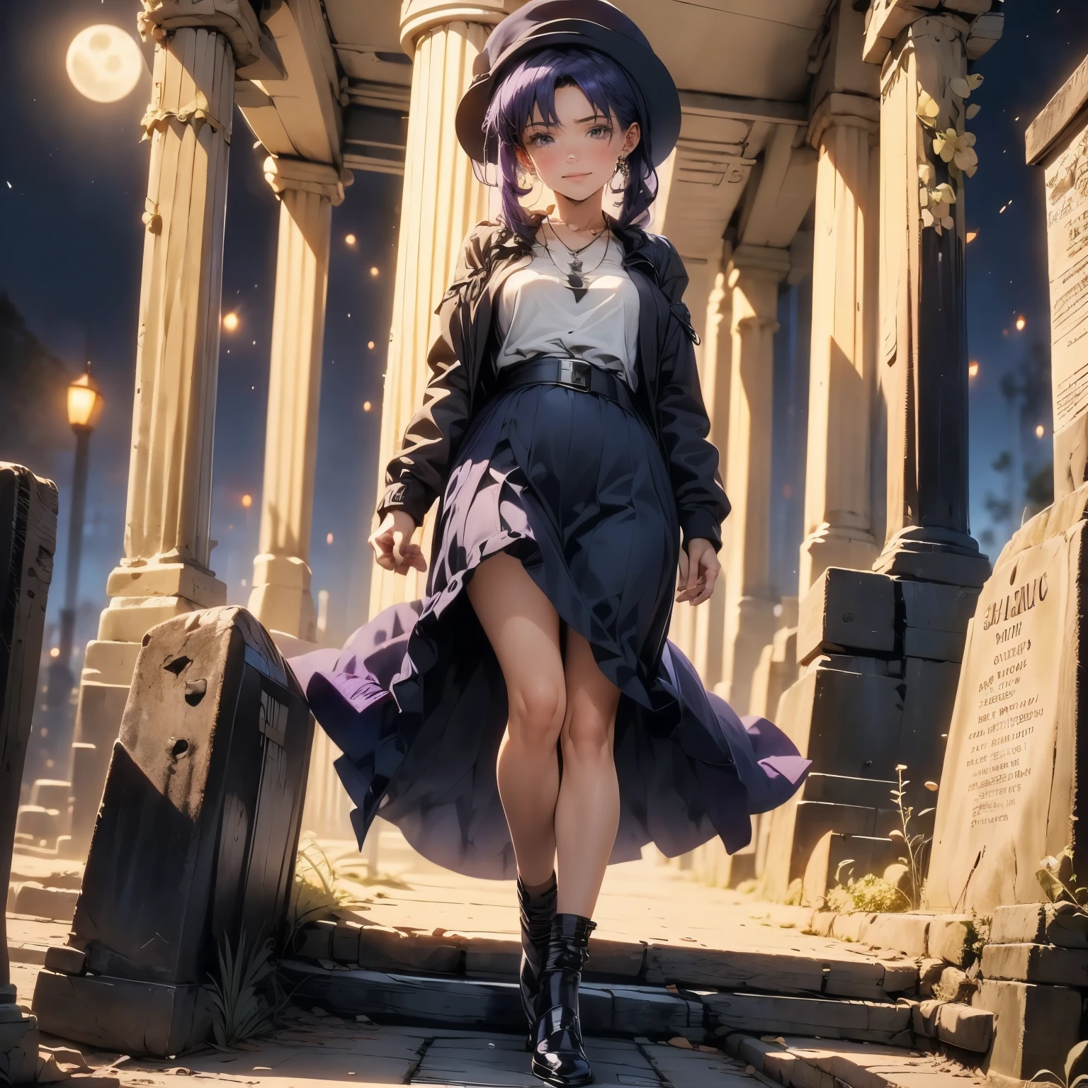 (masterpiece), best quality, 1girl, expressive eyes, perfect face, (purple hair), perfect anatomy, full body, 4k, HDR, full HD, masterpiece, 1 girl, (purple hair), perfect anatomy, full body , alone, She is wearing a black midi dress, simple but refined, fitted at the waist with a thin waistband. The dress has long sleeves and a high neckline, maintaining a discreet style appropriate for the occasion. Complement your outfit with a fine wool jacket.
On her feet, she wears low-heeled shoes or patent leather moccasins. Her hair is tied up in a bun under a small hat with a short veil. As accessories, she wears a simple pearl necklace and carries a small black leather handbag.
walk among the graves of an old and forgotten cemetery under the dim light of the moon