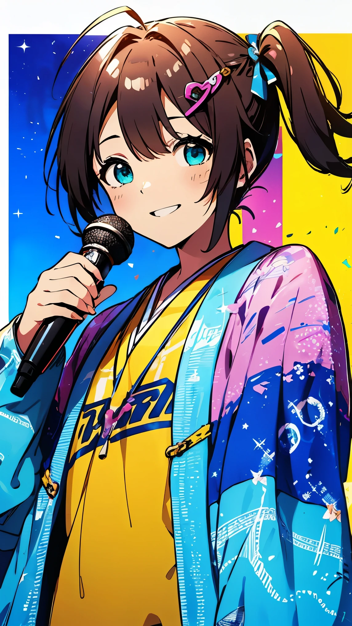 (masterpiece), high details, high quality, (best quality), (super detail), perfect detailed eyes, perfect detailed face, Psychedelic costumes, colorful clothes, Pop art, Fashionable, Heart, musical notes, music, melody, multicolored hair, ahoge, twintails, aqua eyes, light smile, sparkle, Japanese idol star, microphone performance, singing on stage