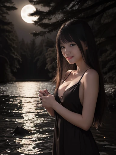 Japanese female, (slender), (small Breasts best quality:1.0), 30 years old, beautiful,
forest, lake, (grinning:1.2), ((floating)), straight hair, (Mother Hubbard dress), (downblouse:1.4), american, at night:1.5, (dark atmosphere:1.4), from below, moonlight,