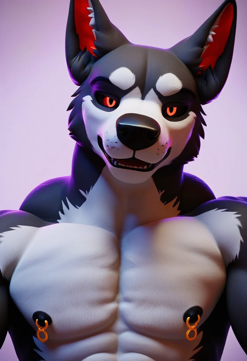 d3ath, male, 3d render, cgi, front view, anthro, furry body, black poncho, red eyes, black sclera, half body, detailed, correct lighting, correct shadows, black poncho, looking at viewer, high quality, best resolution, muscular sexy, daddy, nipple piercing, 