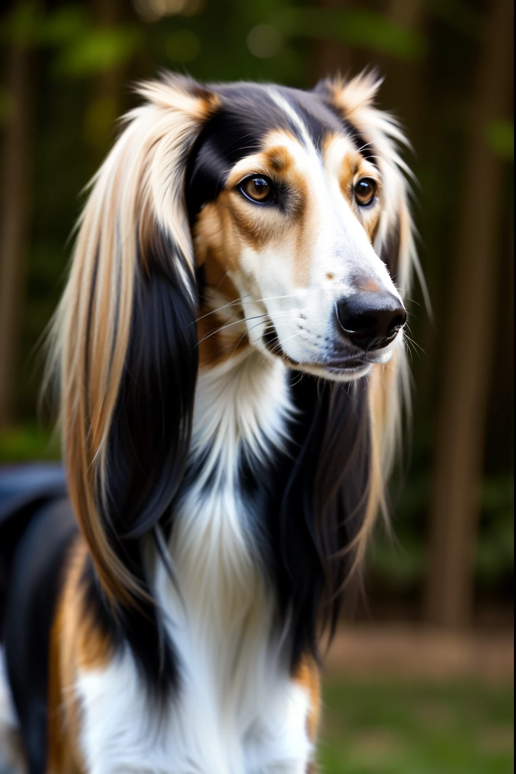 (masterpiece, best quality:1.2), saluki, closeup, perfect eyesblack and tan saluki looking over shoulder at the camera, gold eyes, portrait, solo, blurred background, (masterpiece, best quality:1.2)