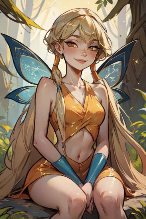 Stella, yellow eyes, blonde hair, fairy outfit, twintails, long low pigtails, fairy wings, glittery clothes, sparkling clothing, warm smile, sitting, pose, outside, forest, natural lighting, high quality, masterpiece