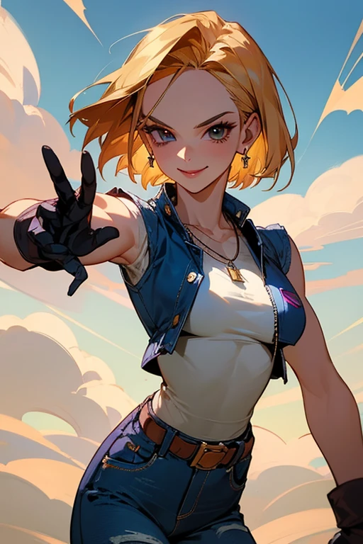 {best quality}, {very aesthetic}, Beautiful Android18DB portrait,side facing viewer,Beautiful Android18DB portrait,Solo,Earrings,Jewelry,Denim,Smiling,Belt,Vest,Clouds,Sky,Daytime,Pants,Outdoor,Gloves,Necklace,Jeans,ig breast ,dutch angle ,fighting pose,(dynamic:1.4),(bad hand:1.2)