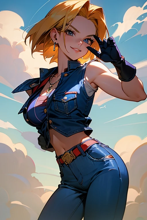 {best quality}, {very aesthetic}, Beautiful Android18DB portrait,side facing viewer,Beautiful Android18DB portrait,Solo,Earrings,Jewelry,Denim,Smiling,Belt,Vest,Clouds,Sky,Daytime,Pants,Outdoor,Gloves,Necklace,Jeans,ig breast ,dutch angle ,fighting pose,(dynamic:1.4),(bad hand:1.2)