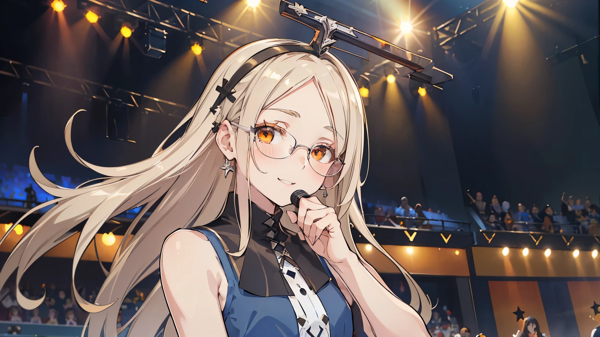 masterpiece, ultra detailed, 8k portrait, RAW photo, portrait photography, Highly detailed face, beautiful and meticulous eyes, (amber color eyes:1.5), (Glasses:1.2), (blush:1.5), (tilt one's head:1.5), (singing on stage by the audience:1.5), outdoor, (blue sleeveless dress:1.7), cute girl, (platinum blond hair:1.5), (platinum blond colored eyelash:1.5), (medium hair:1.0), (parted bangs:1.5), (hairpin1.5), (sleepy face:1.0), (smile:1.0), young girl, 1girl, beauty girl, pretty girl, 159cm, 41kg, (skinny:1.5),