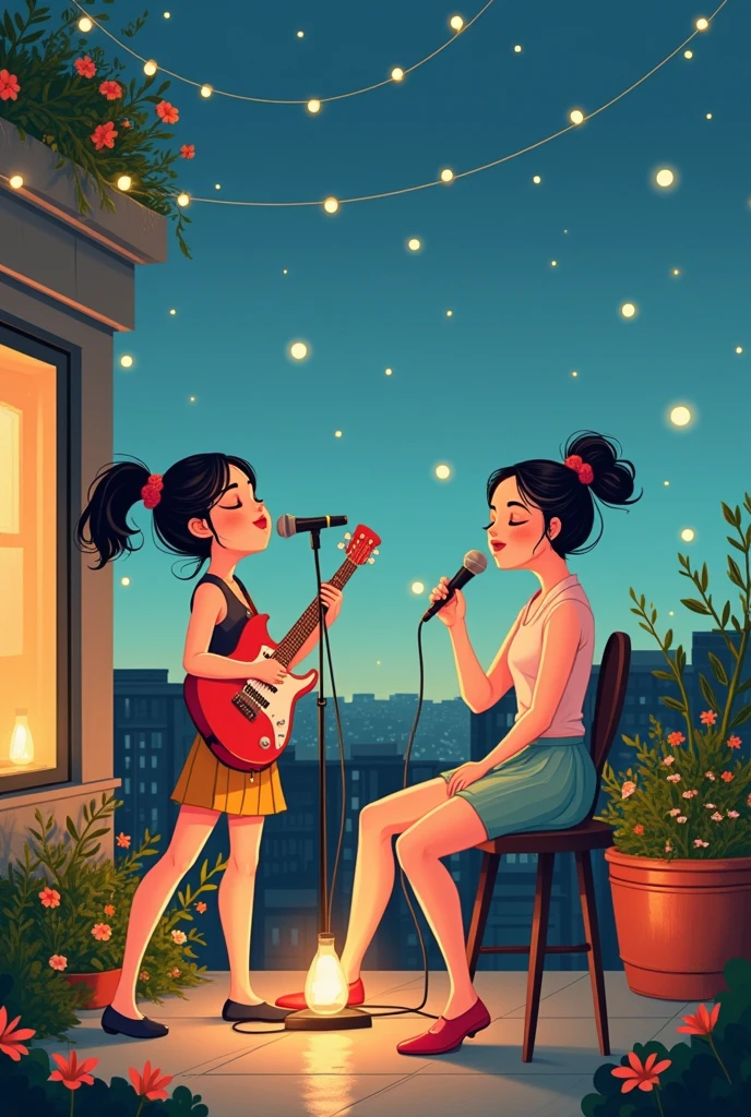 illustration, oOn a Rooftop Garden, The trio hosts an intimate concert atop a rooftop garden, surrounded by flowers and fairy lights. One smoll_lady plays an electric guitar, another handles the keyboard, while the third captivates the audience with her powerful vocals, creating a magical evening.