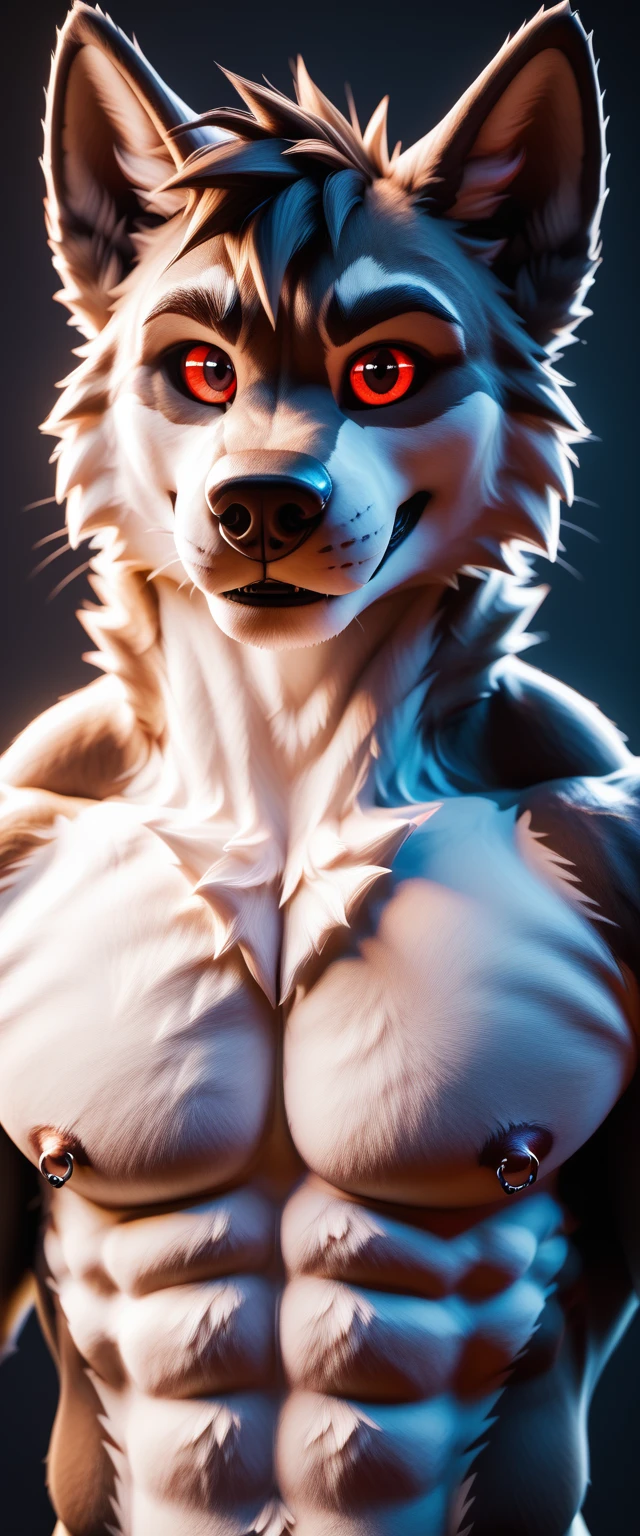 d3ath, male, 3d render, cgi, front view, anthro, furry body, black poncho, red eyes, black sclera, half body, detailed, correct lighting, correct shadows, black poncho, looking at viewer, high quality, best resolution, muscular sexy, daddy, nipple piercing, 