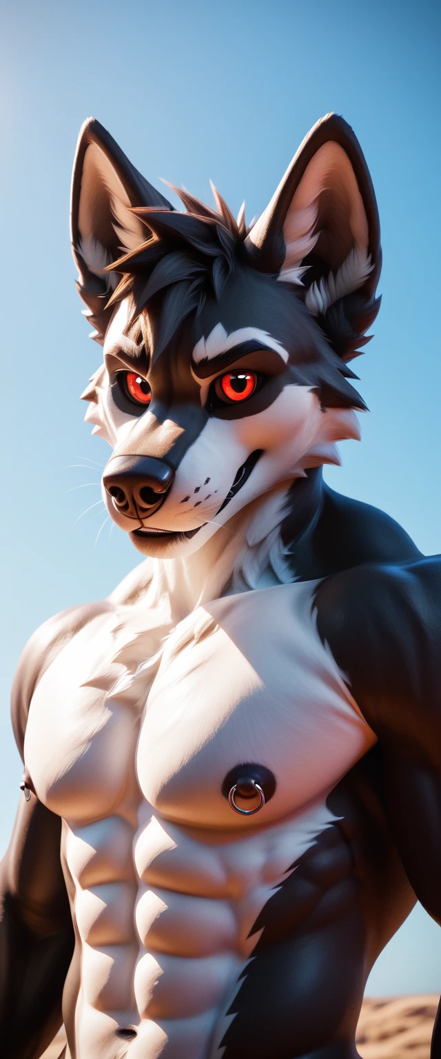 d3ath, male, 3d render, cgi, front view, anthro, furry body, black poncho, red eyes, black sclera, half body, detailed, correct lighting, correct shadows, black poncho, looking at viewer, high quality, best resolution, muscular sexy, daddy, nipple piercing, 