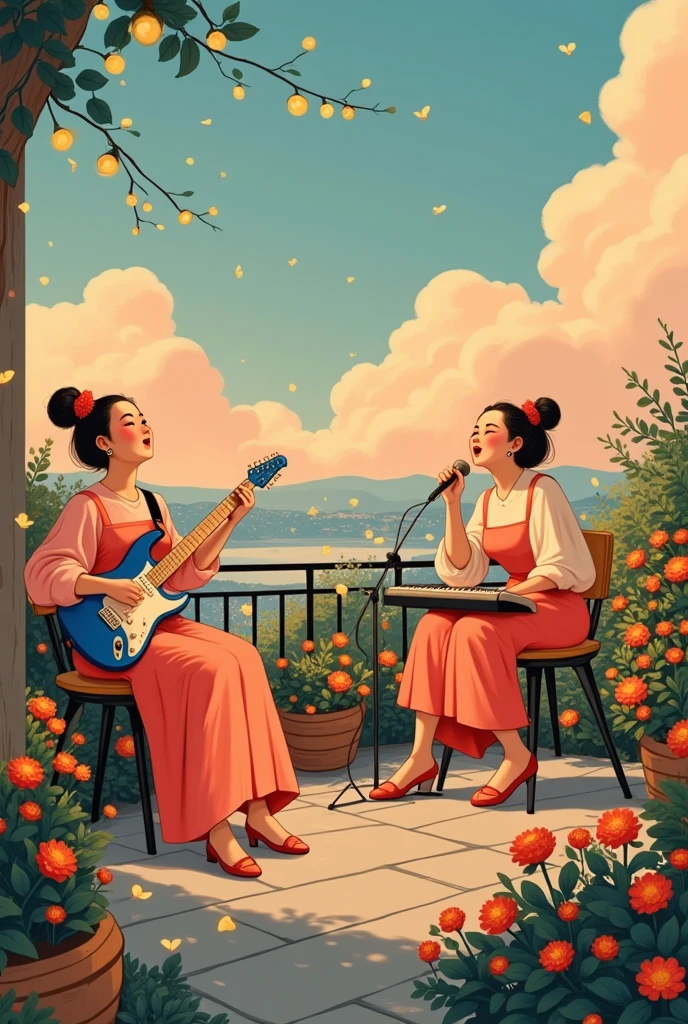 illustration, oOn a Rooftop Garden, The trio hosts an intimate concert atop a rooftop garden, surrounded by flowers and fairy lights. One smoll_lady plays an electric guitar, another handles the keyboard, while the third captivates the audience with her powerful vocals, creating a magical evening.