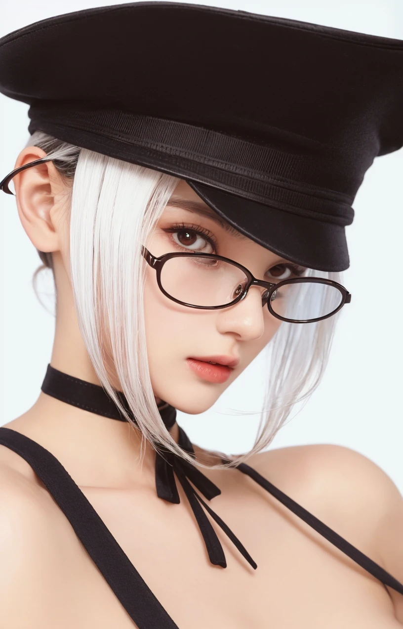Nurse Cap、zippers、Standing and posing、Latex Super Mini Skirt、Latex High Heels、、Staggered black-rimmed glasses、(FULL BODYSHOT)、Glossy skin、,(20yr old)、sexy facial expression、skinny body shape、large boob、Japan Idol Hairstyles、(magazine:1.3), (cover-style:1.3),White hair