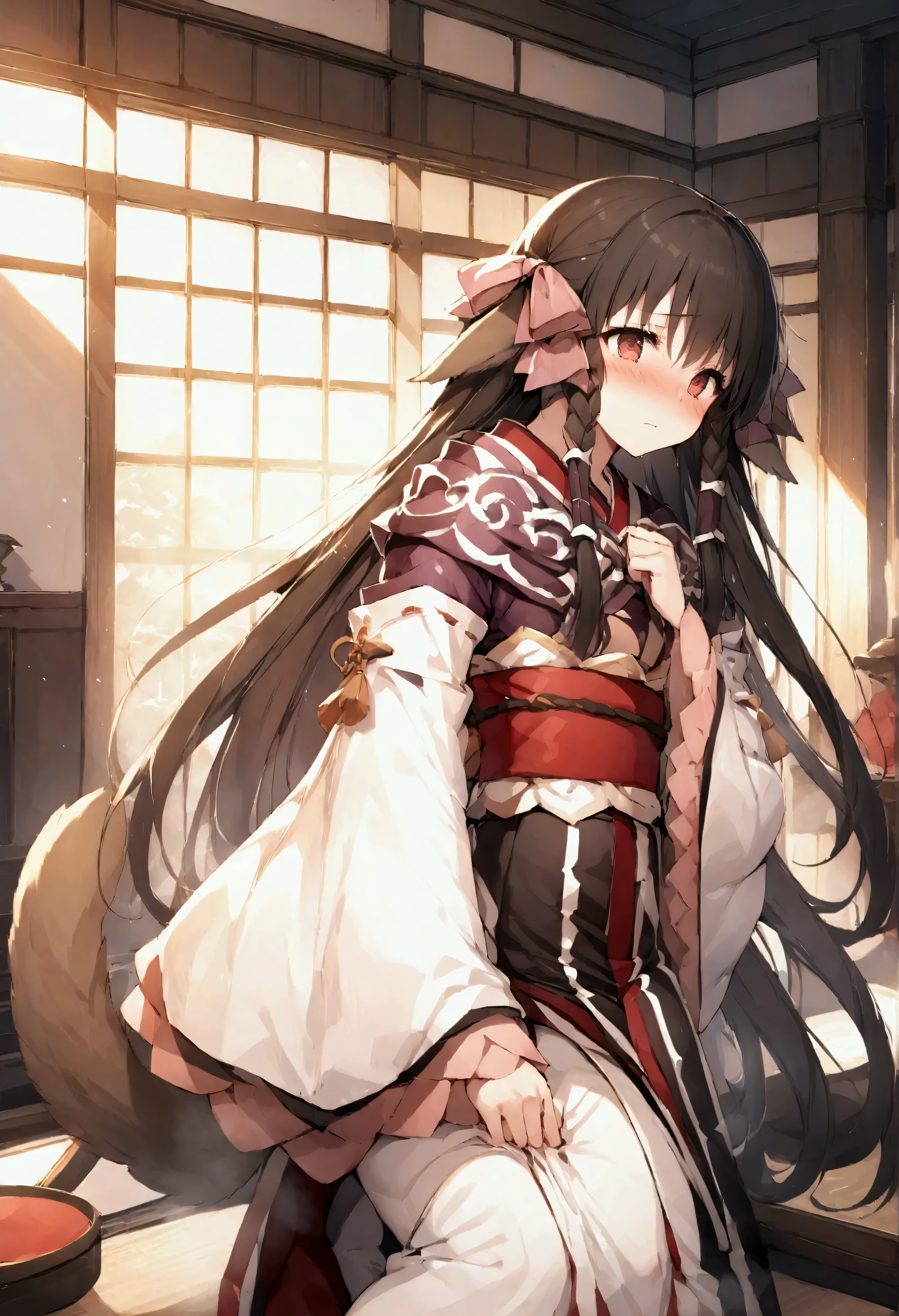 NSFW,masterpiece,Best Quality,High resolution,Very detailed,Lulutier\(Utawarerumono\),Long Hair,Twin Blade,Hair Ribbon,Animal ears,Tail,kimono,kimono,白いkimono,Long sleeve,Luxurious mansion,Japanese-style room,Brothel,Embarrassed,blush,(Prostitute)