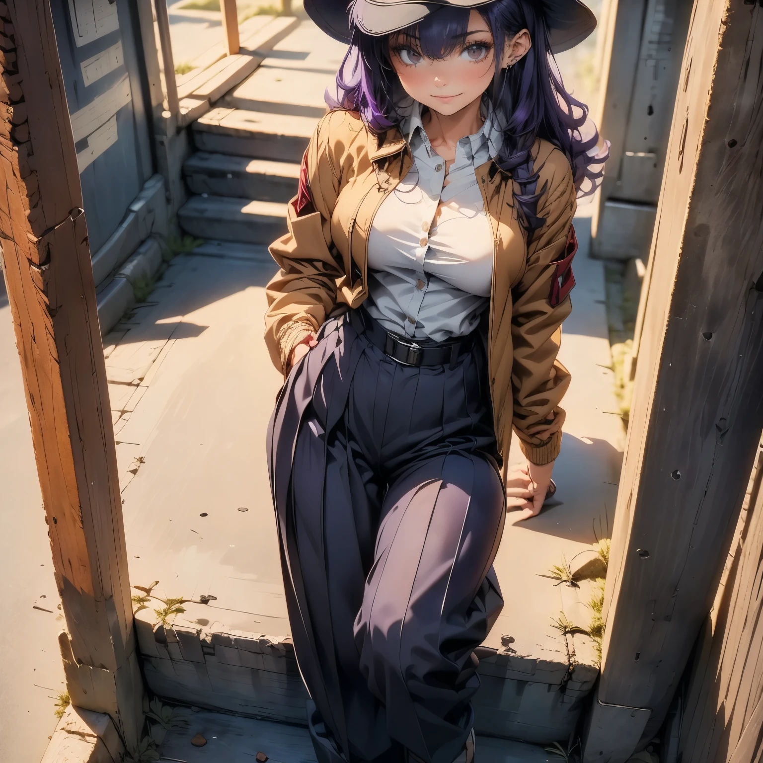 (masterpiece), best quality, 1girl, expressive eyes, perfect face, (purple hair), perfect anatomy, full body, 4k, HDR, full HD, masterpiece, 1 girl, (purple hair), perfect anatomy, full body , alone, she is wearing a brown fedora hat, it is the typical Safari shirt in a soft khaki color, she is wearing Indy's windbreaker, Indy's pants were made of a dark khaki wool with a similar pleated pant like the pants worn during World War II, he has a whip hanging from his waist,