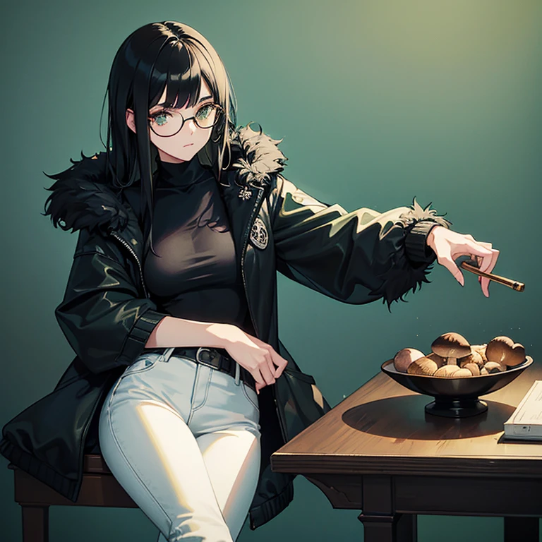 girl, Long black hair, Dark Bear, Sleepy eyes, Cartilage Piercing, high quality, Fair skin, Sitting in a chair, detailed, Smoke a cigarette, Drifting Smoke, Accompanied by the Smoke Beast, Low saturation , An illustration, Fine Lines, fine detailed,whole body